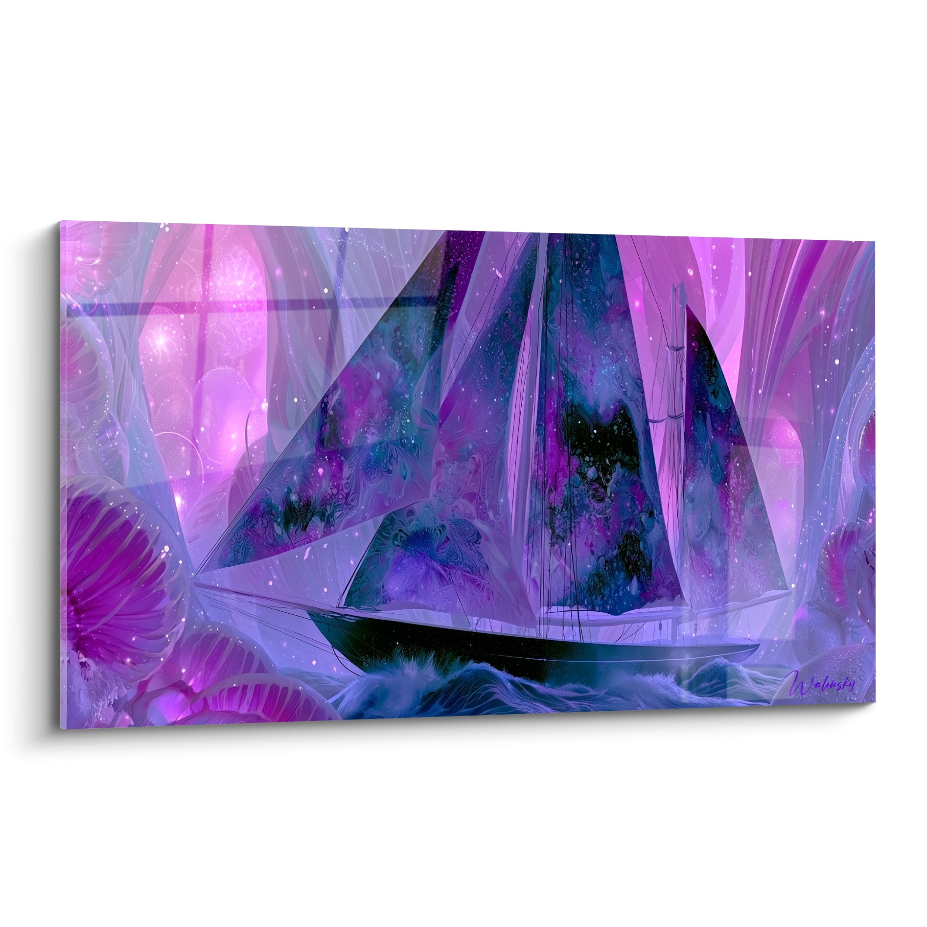 Voilier violet et turquoise aux voiles étoilées, tableau bateau abstrait sur fond mauve lumineux