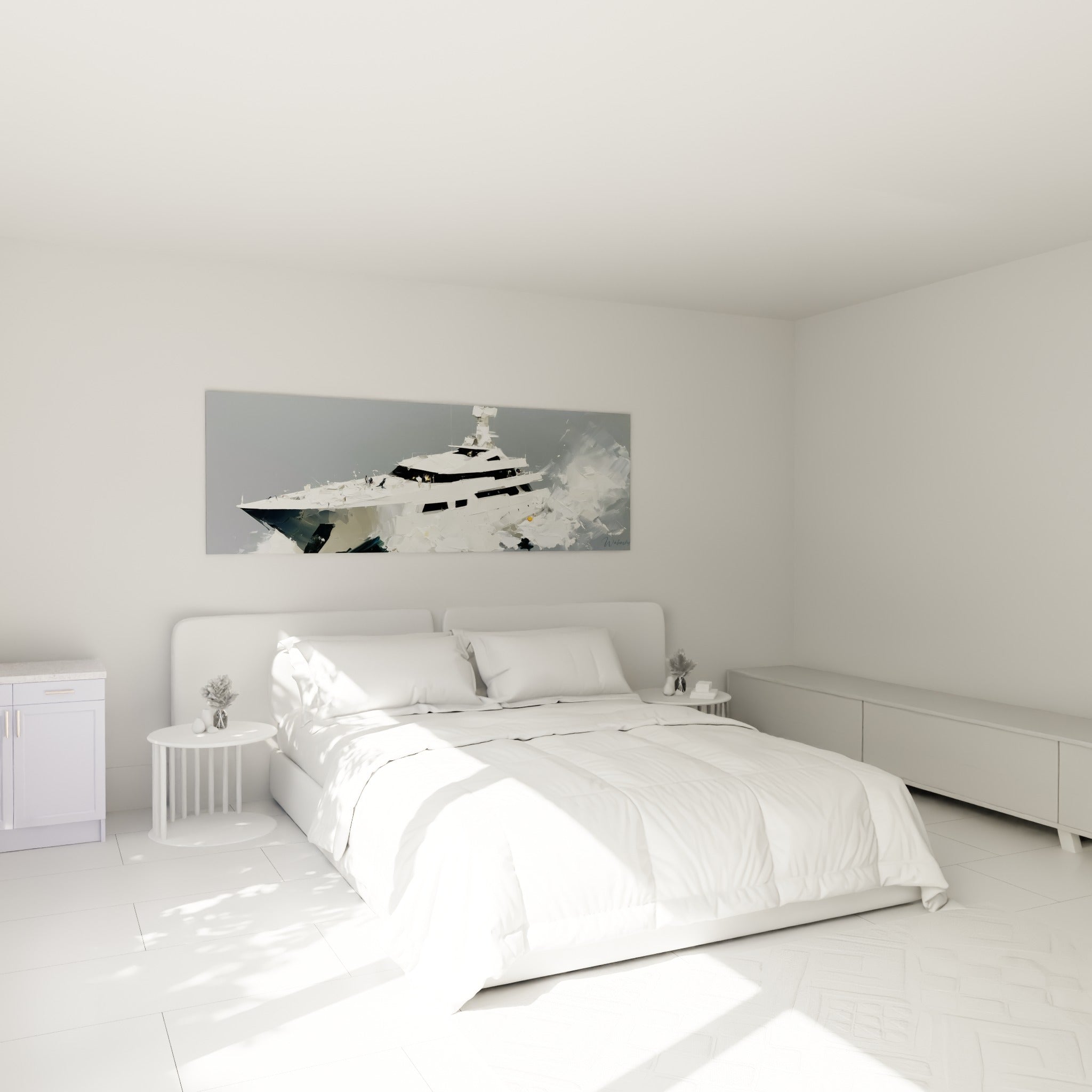 Bateau abstrait blanc et anthracite fendant les vagues, accroché au-dessus d'un lit dans une chambre claire