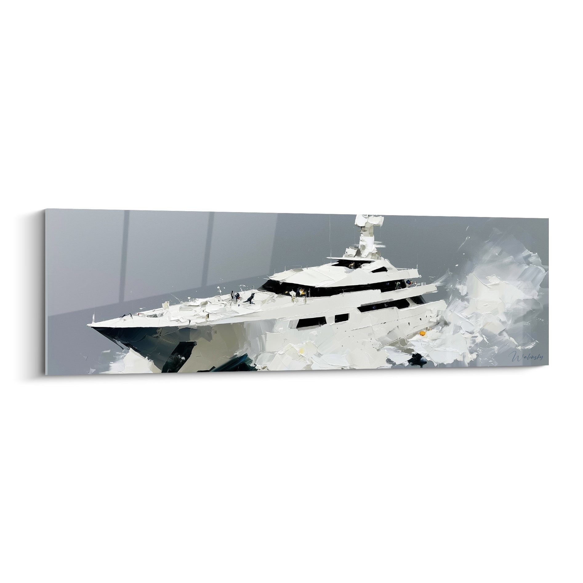 Yacht blanc et gris ardoise fendant l'écume, tableau bateau abstrait en pleine mer