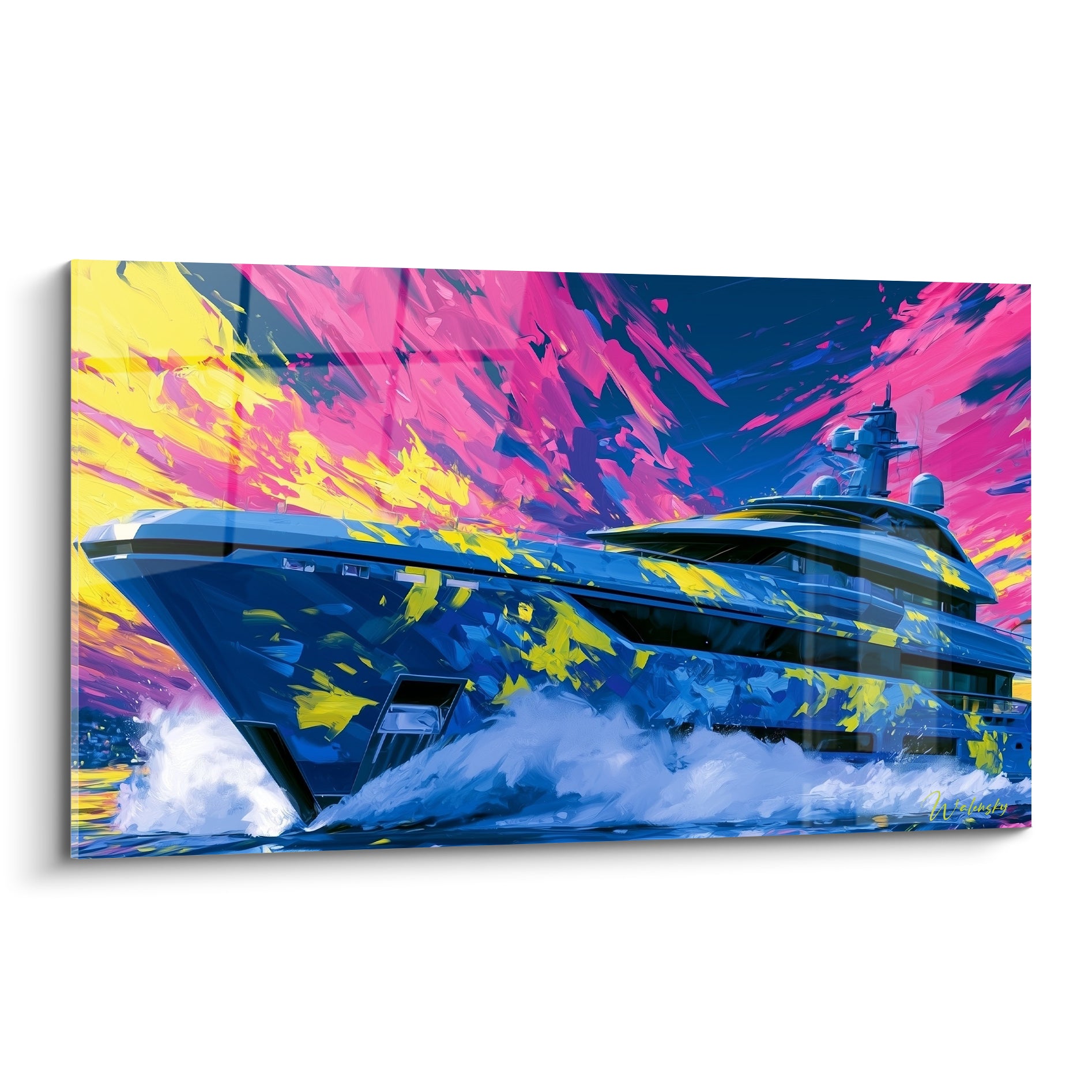 Yacht bleu marine fendant l'écume sous un ciel rose fuchsia et jaune vif éclatant