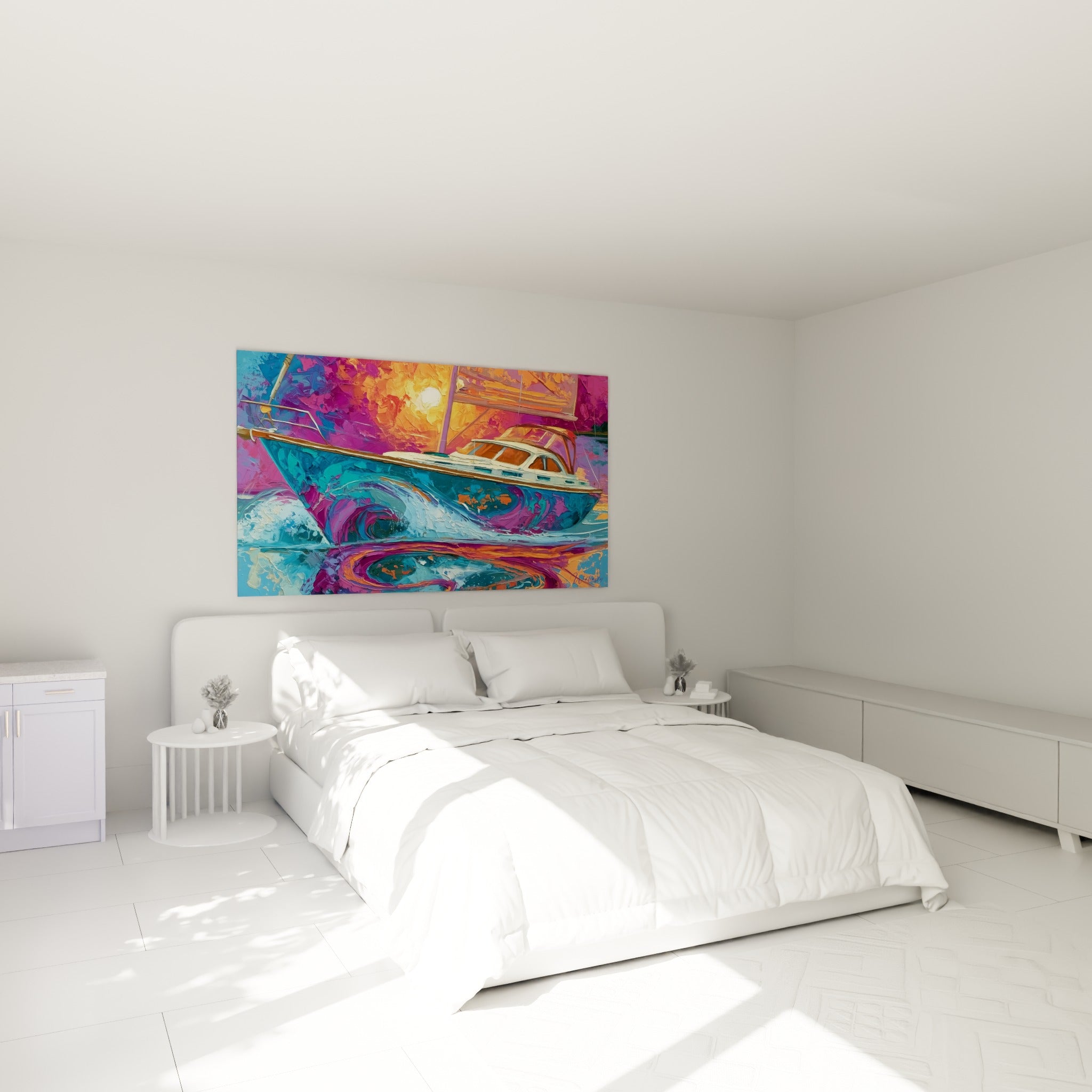 Yacht crème et turquoise voguant sur une mer violette, au-dessus d'un lit dans une chambre claire