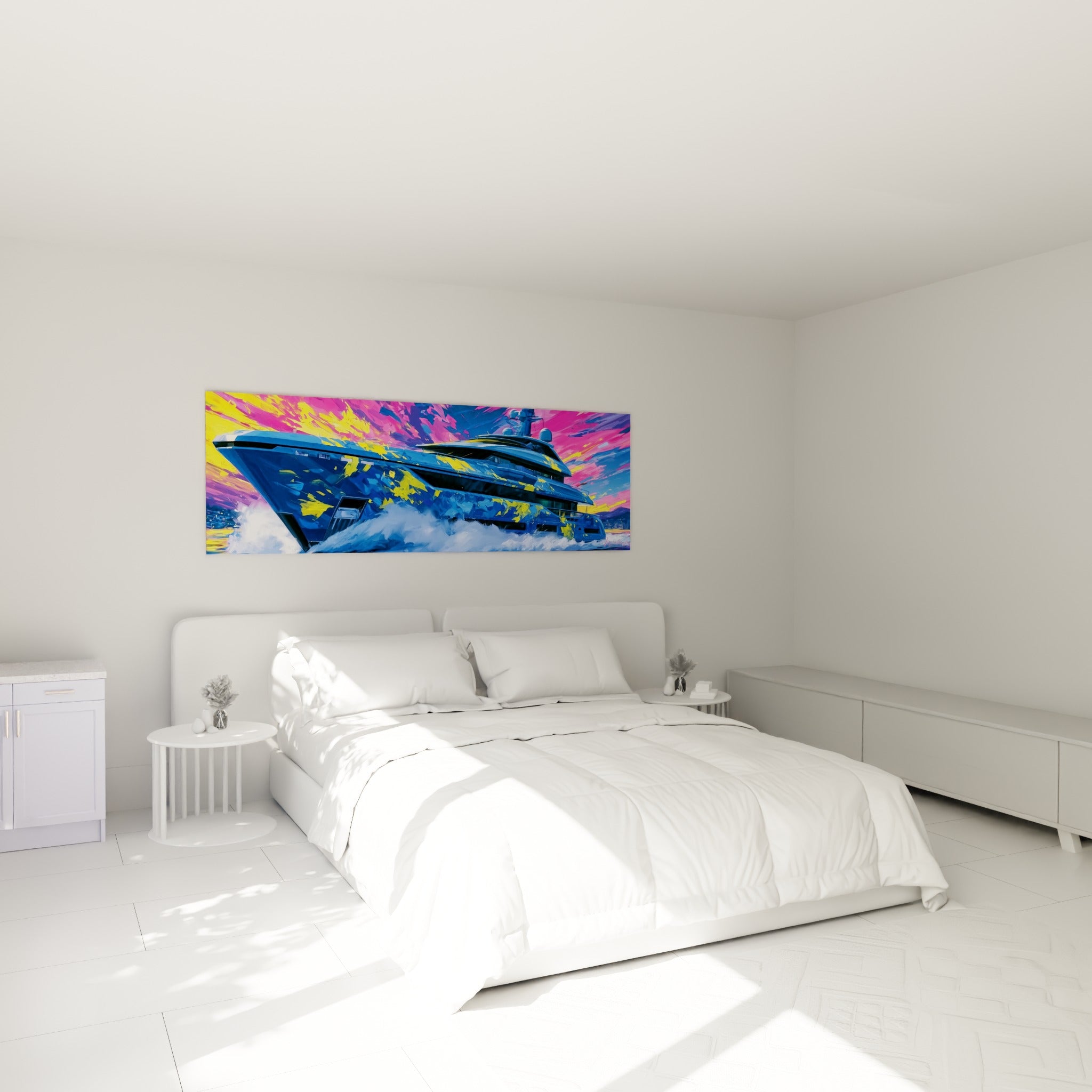 Voilier bleu et rose aux éclats jaunes trônant au-dessus d'un lit dans une chambre claire