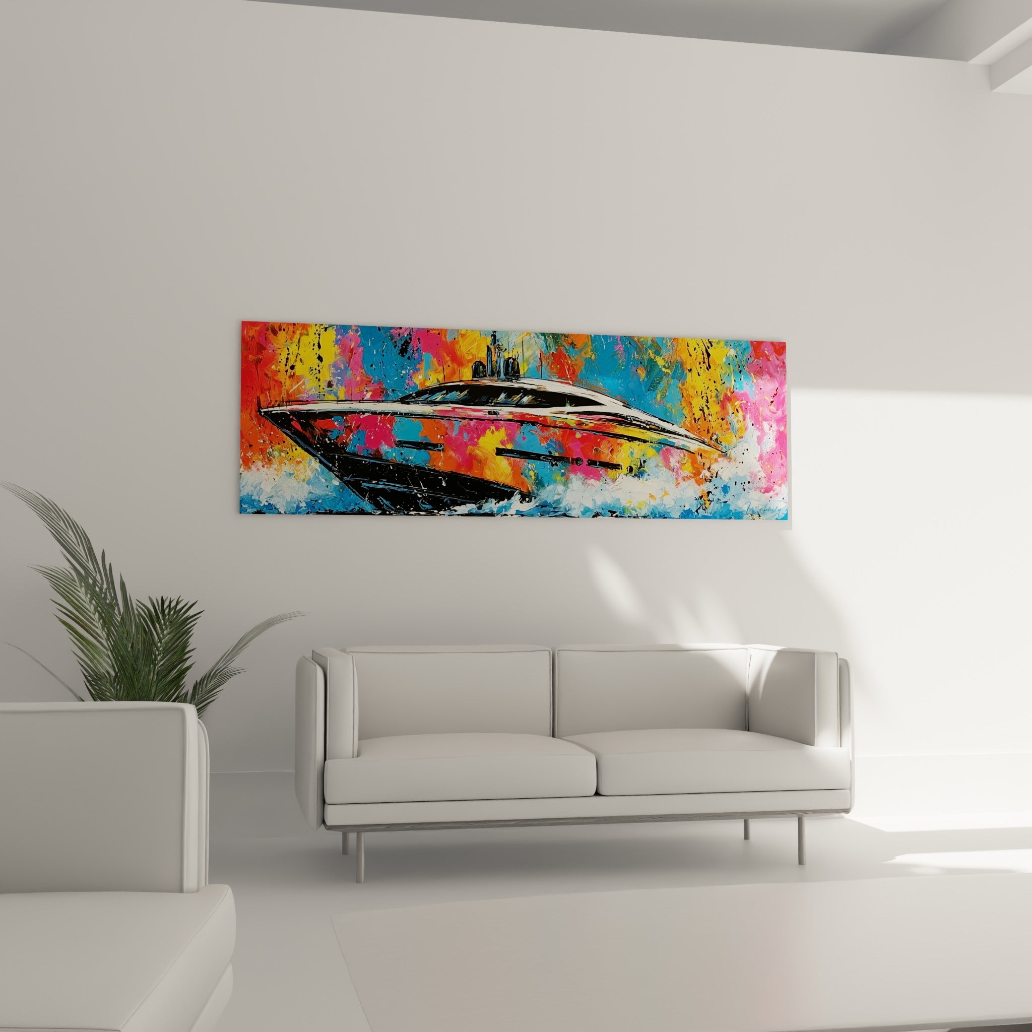 Bateau élancé noir sur fond coloré éclaté, rose et bleu turquoise, au-dessus d'un canapé dans un salon lumineux