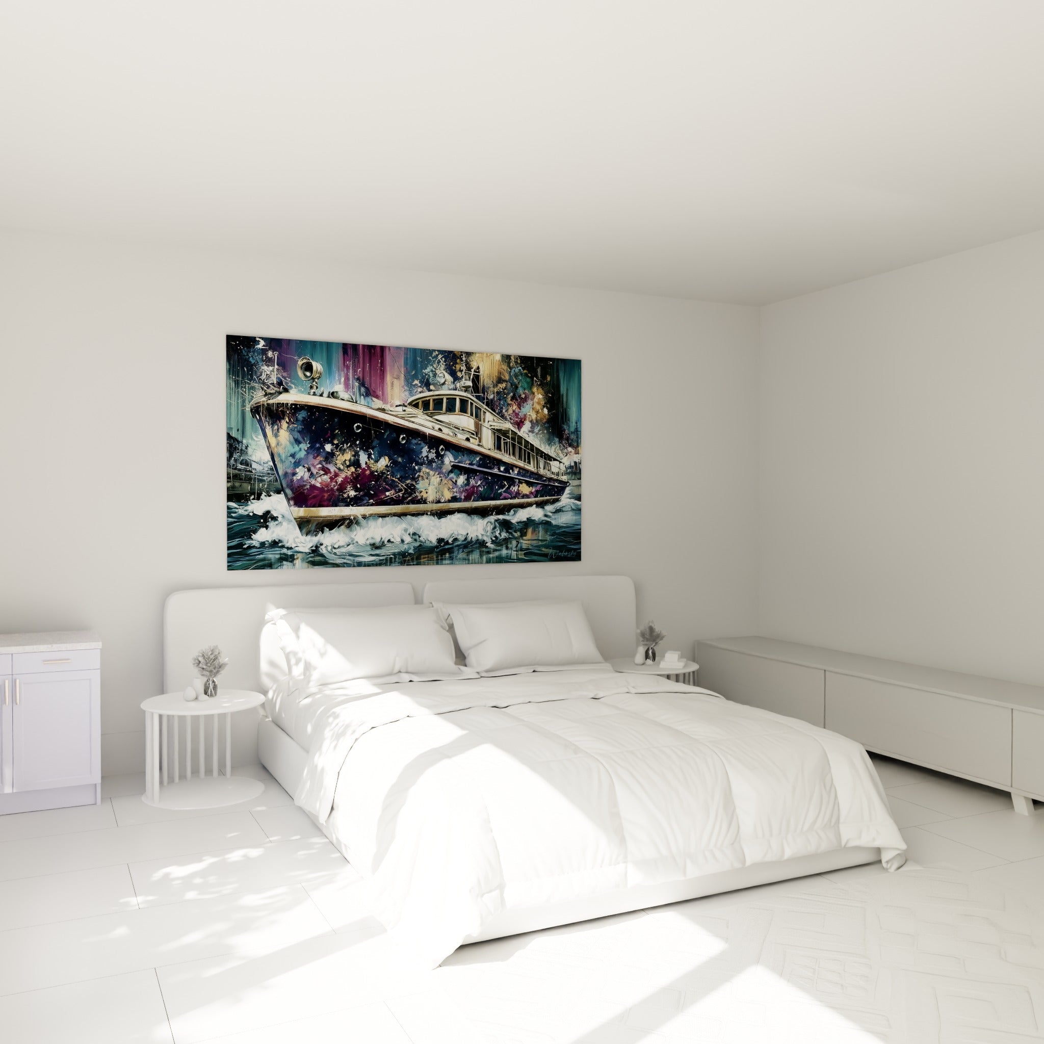 Voilier bleu marine et doré, tableau bateau abstrait accroché au-dessus d'un lit dans une chambre claire