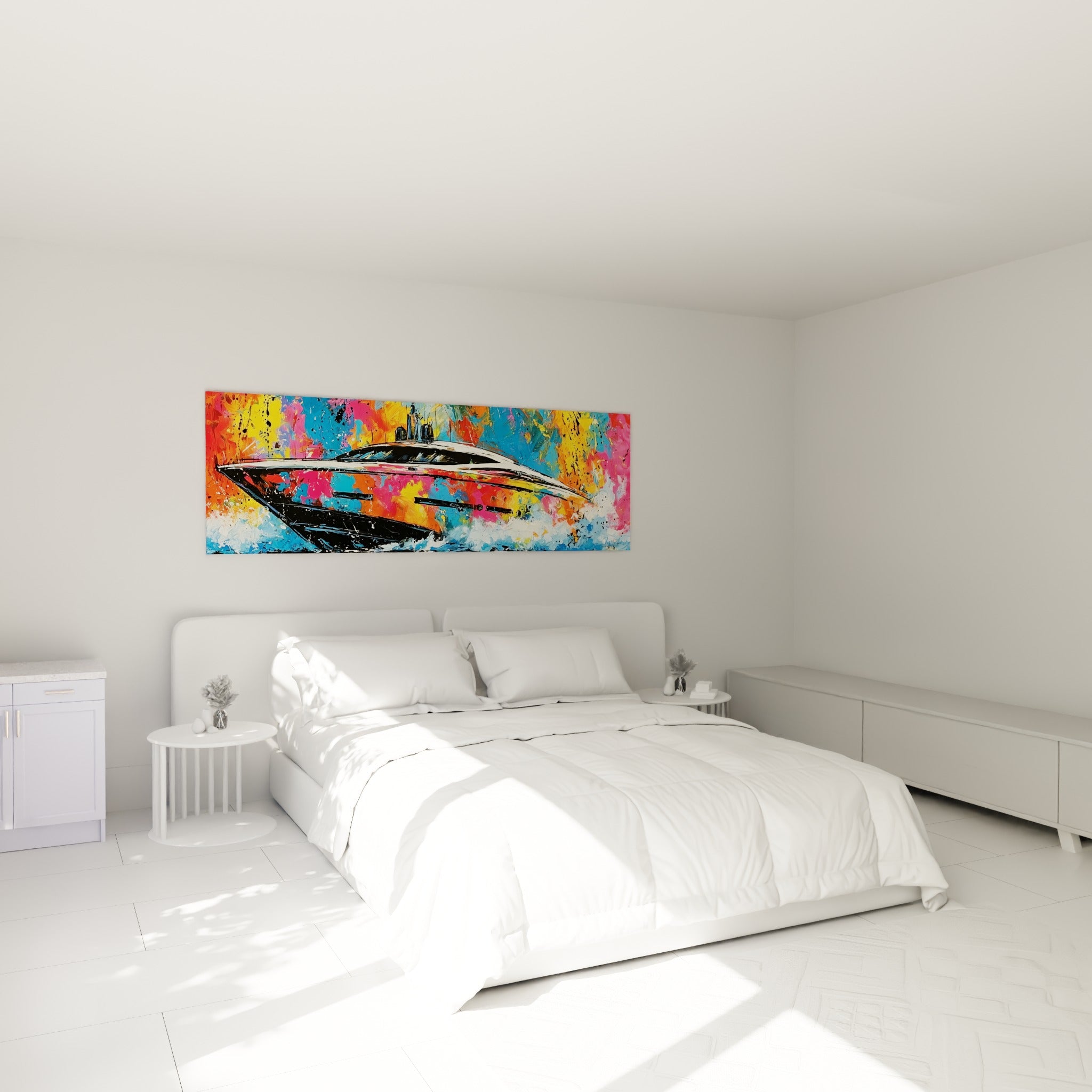 Yacht en pleine vitesse, touches orange et jaune safran, accroché au-dessus d'un lit dans une chambre claire
