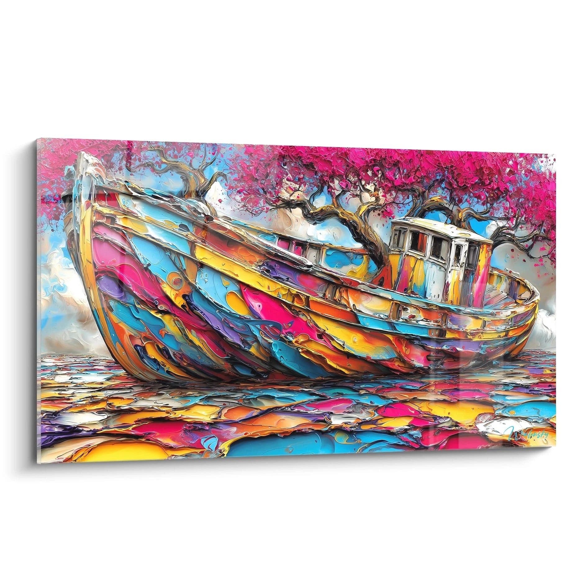 Tableau mural bateau coloré échoué aux couleurs vives multicolores style contemporain art moderne