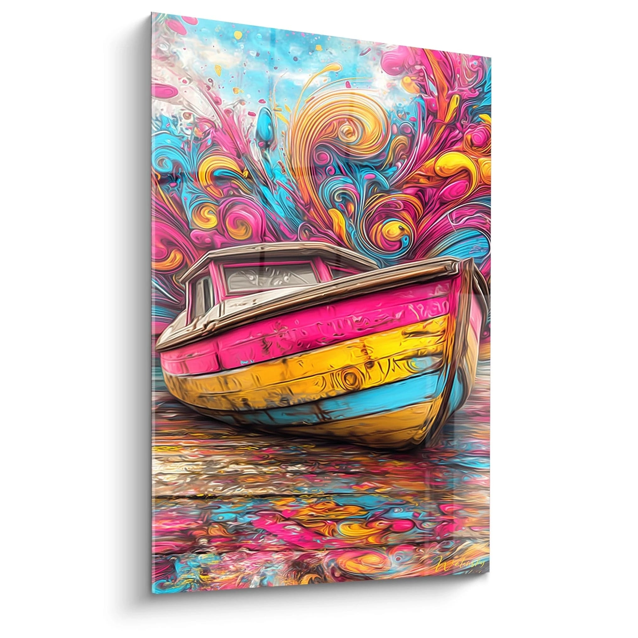 Tableau mural bateau coloré aux swirls psychédéliques roses bleus jaunes sur eau chatoyante art moderne