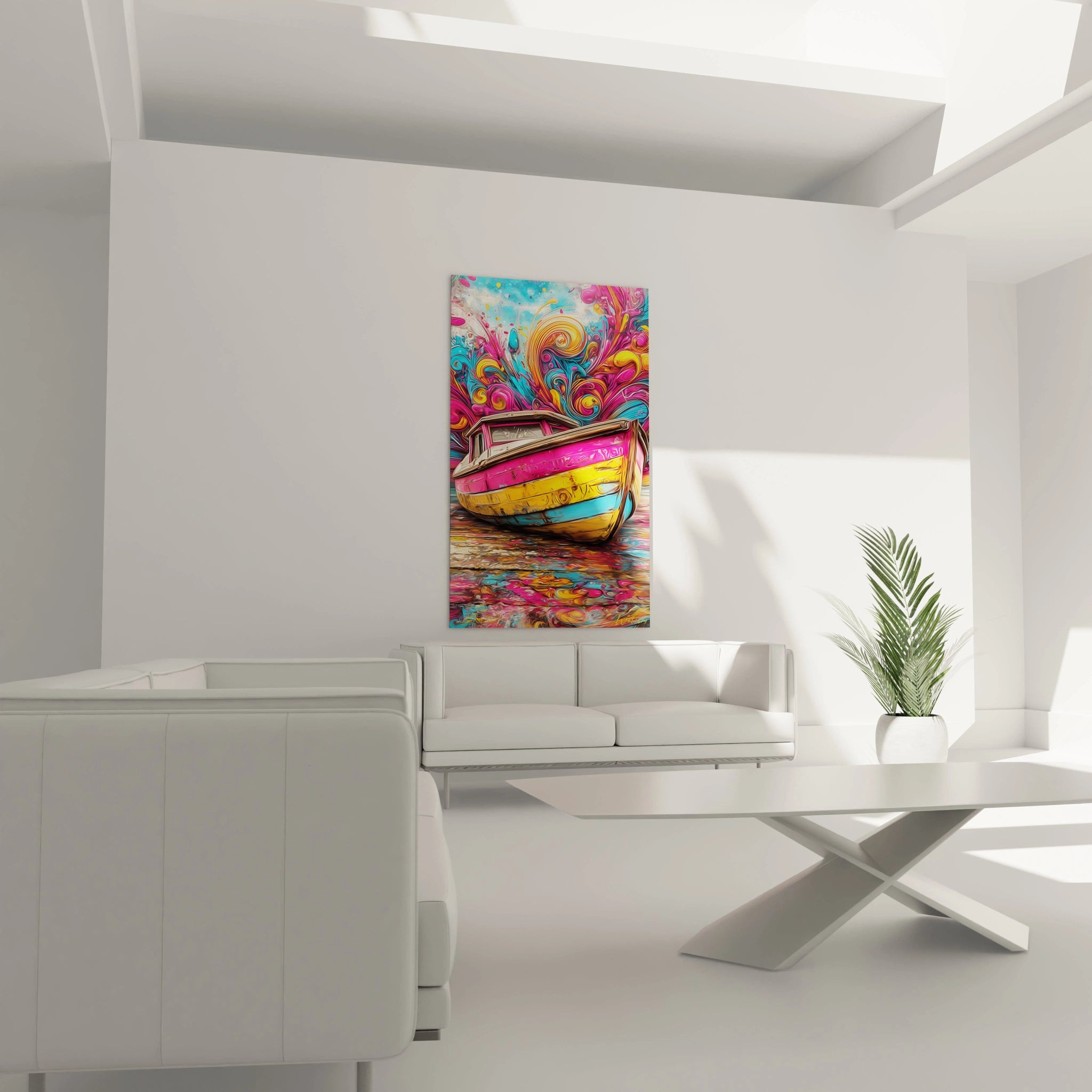 Détail gros plan tableau bateau couleurs vives spirales psychédéliques art contemporain décoratif