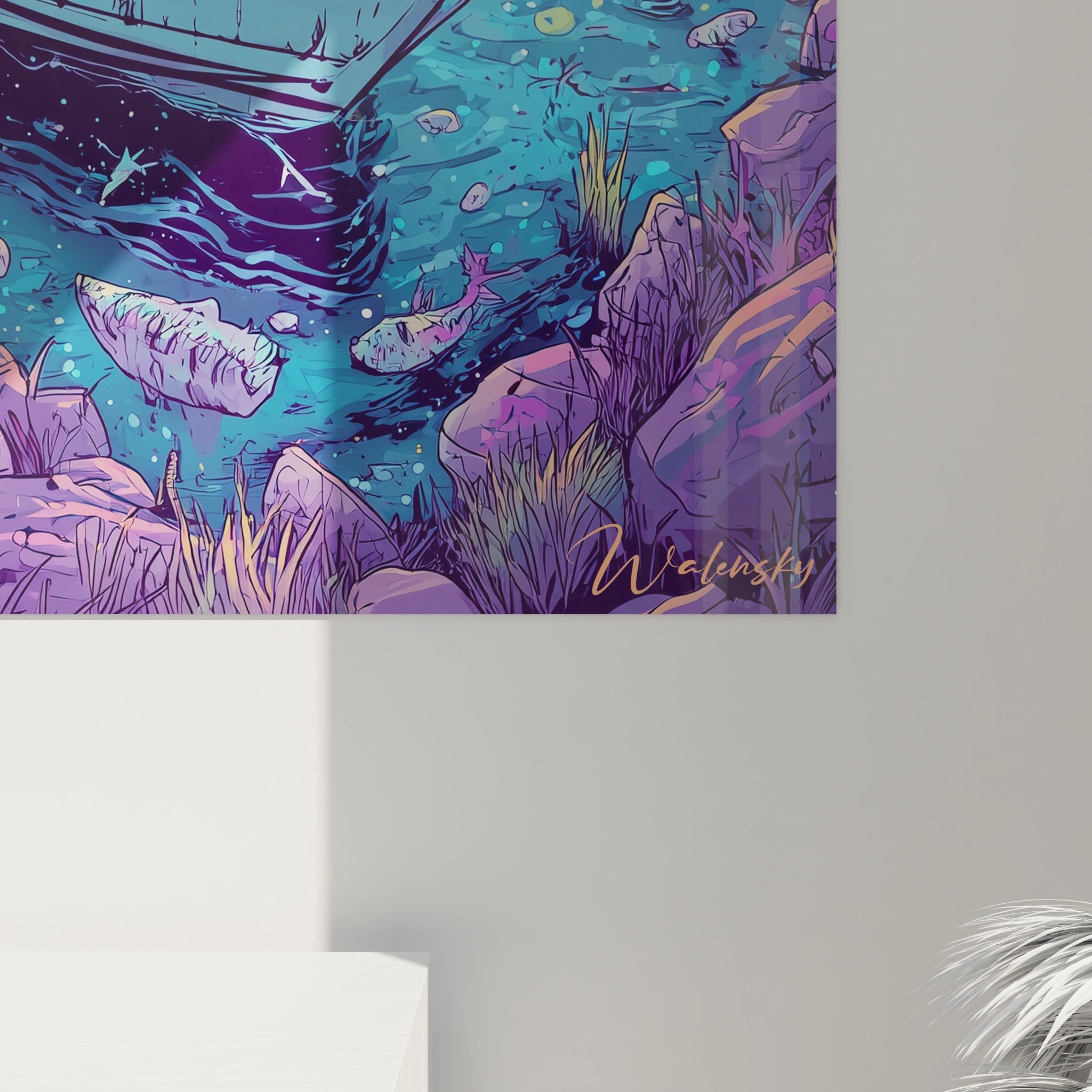 Vue ensemble tableau mural bateau spatial avec nuages roses et skyline futuriste art BD