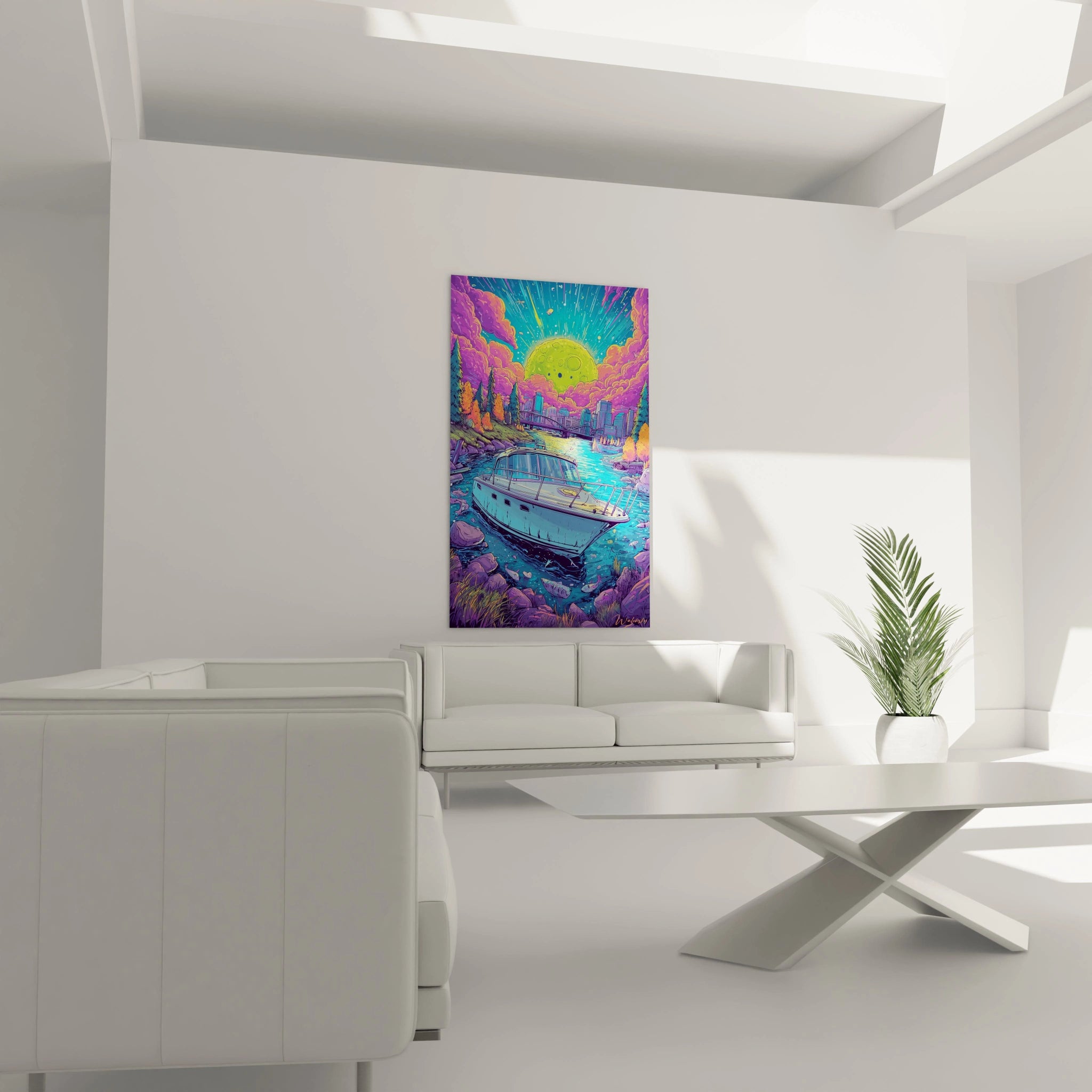 Détail tableau bateau futuriste montrant textures colorées et effets lumineux style bande dessinée