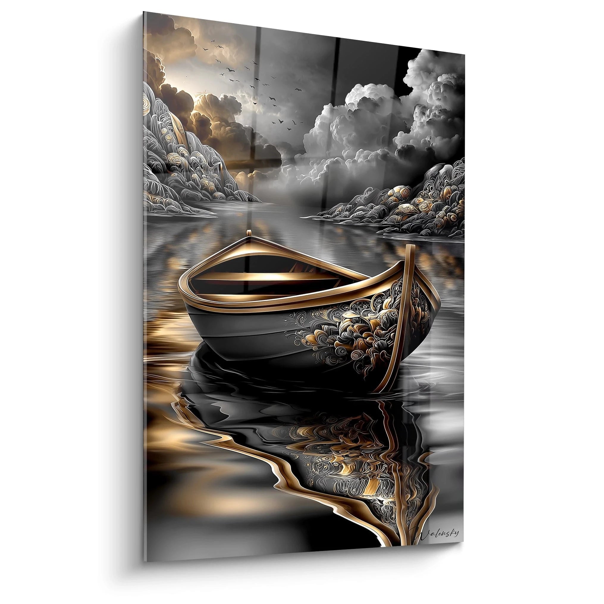 Tableau mural bateau ornementé aux reflets dorés sur eau calme, édition l'or noir, art maritime premium