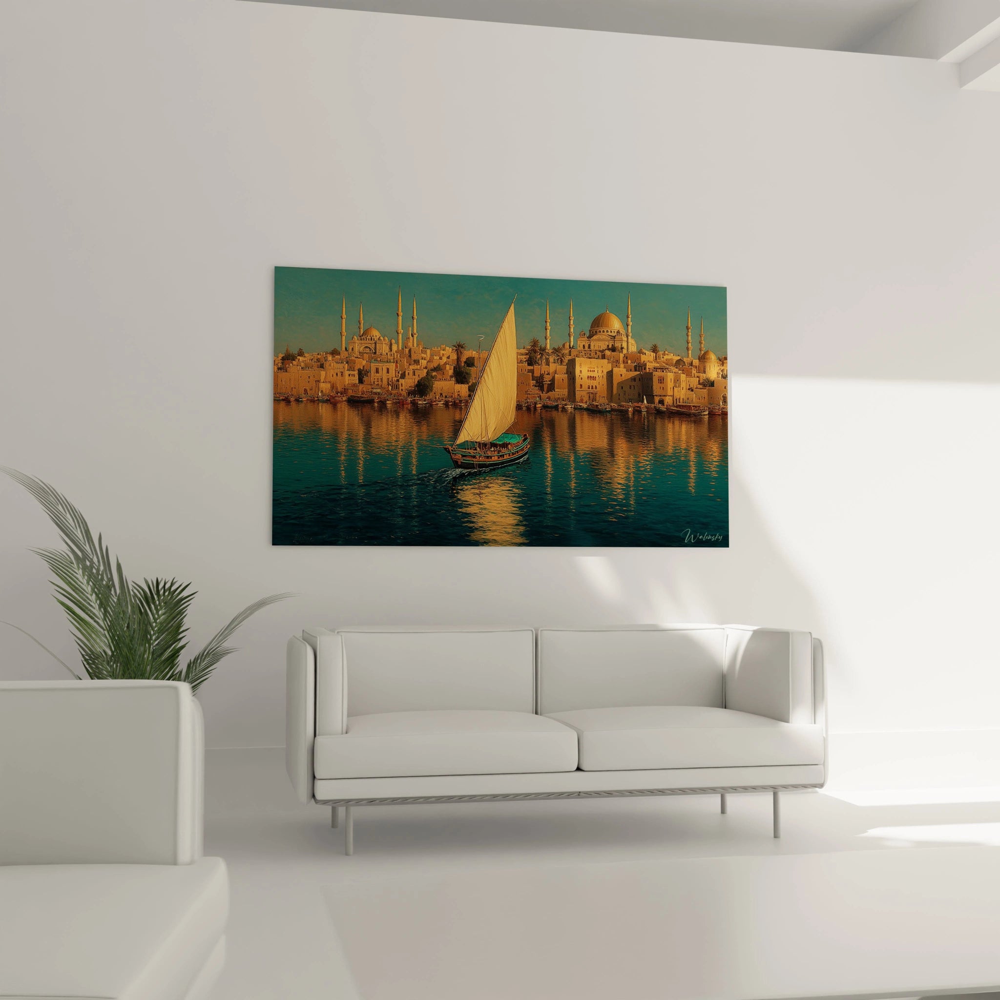 tableau bateau orientalisme Walensky mural paysage marin avec voilier blanc reflet sur eau et cite orientale doree