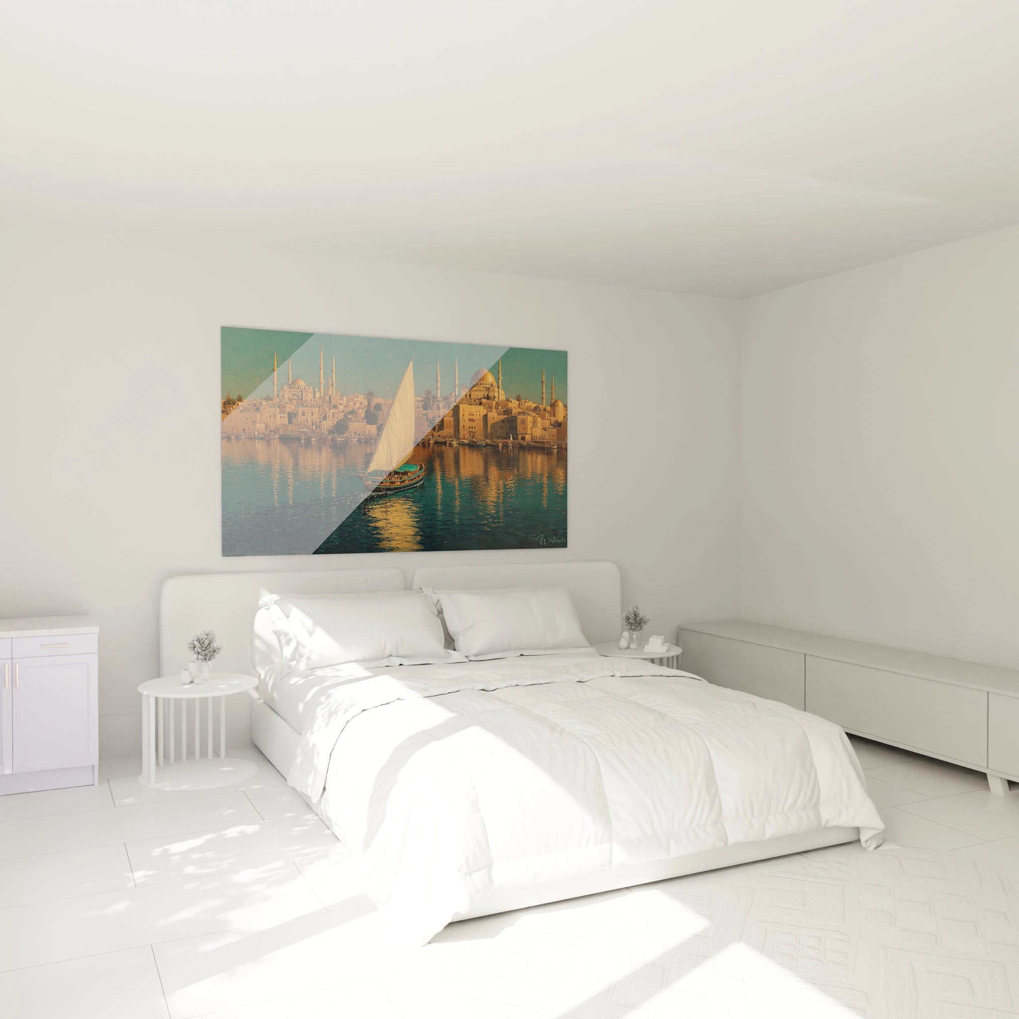 Tableau mural Walensky avec tableau bateau orientalisme au dessus d un lit blanc minimaliste montrant voilier et reflet urbain