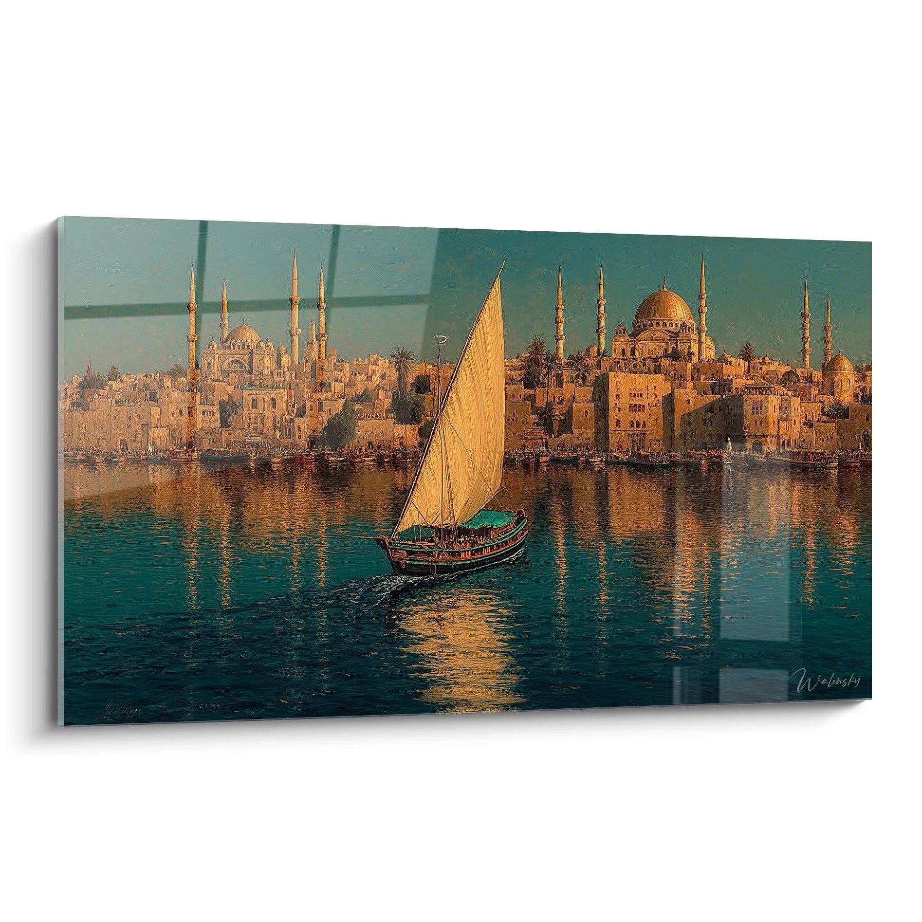 Walensky tableau bateau orientalisme représentant une felouque sur la mer devant mosquées aux dômes et reflets dorés