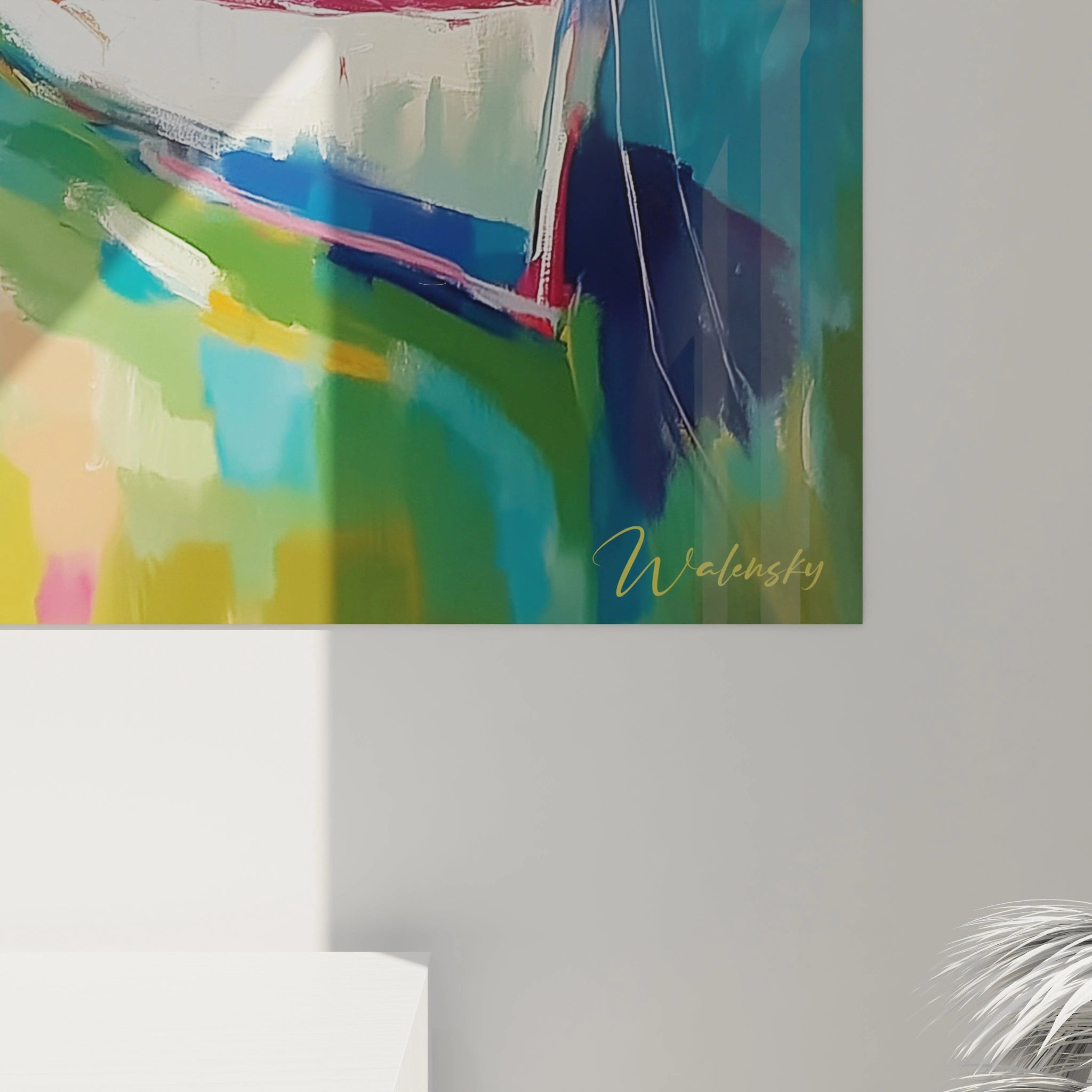 Tableau mural Walensky coloré abstrait montrant voiliers signature visible tableau bateaux impressionnisme