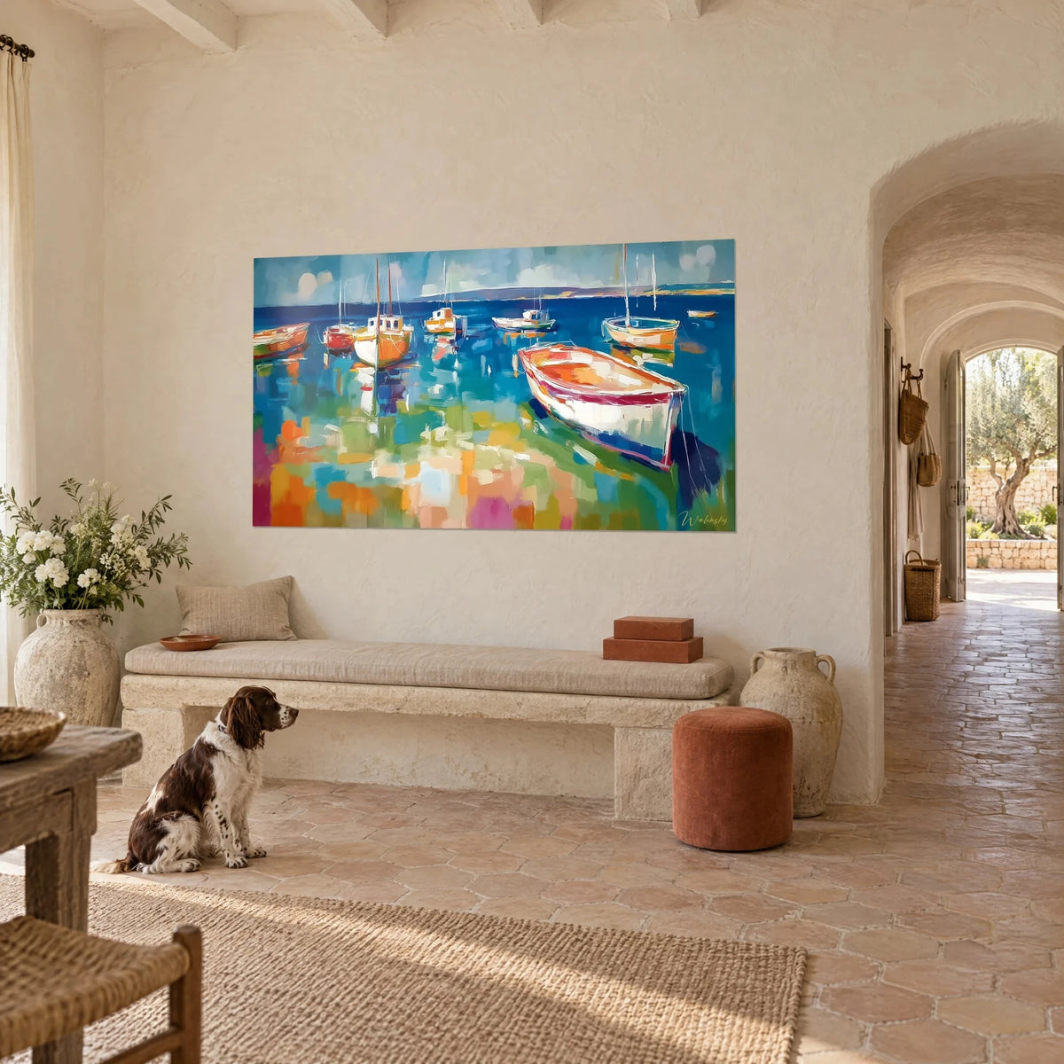 Wall art of a fleet of sailboats moored in a deep blue bay, orange and green reflections, a spaniel sitting in front, Provençal farmhouse