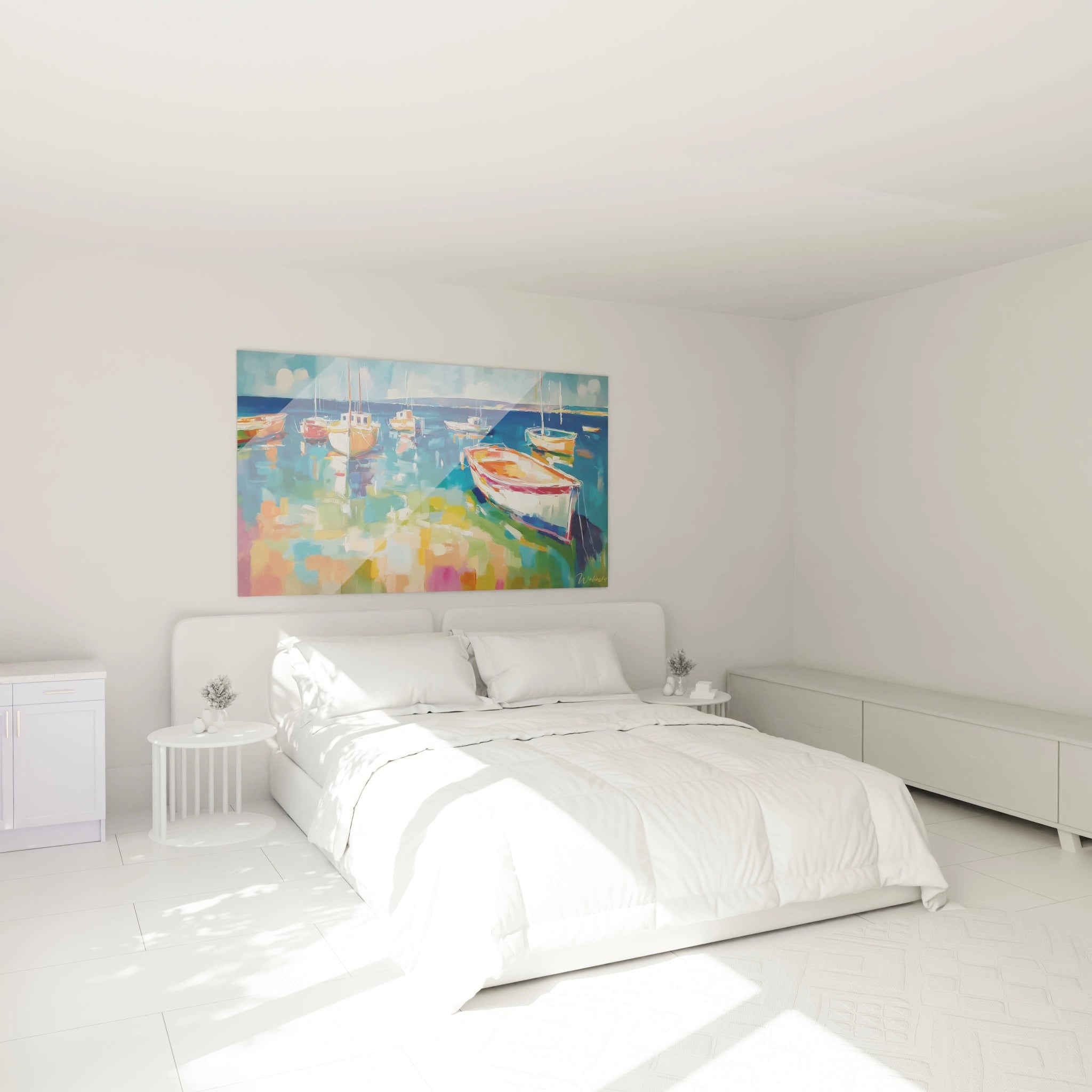 tableau bateaux impressionnisme Walensky peinture murale coloree au dessus d un lit blanc dans une chambre lumineuse