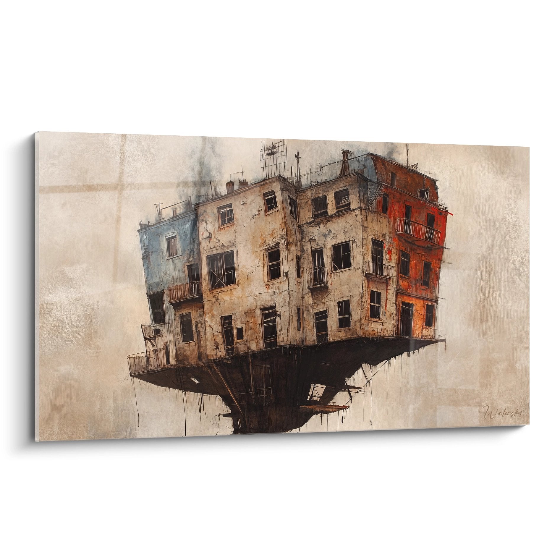 Tableau mural bâtiment suspendu architecture surréaliste façades colorées art contemporain