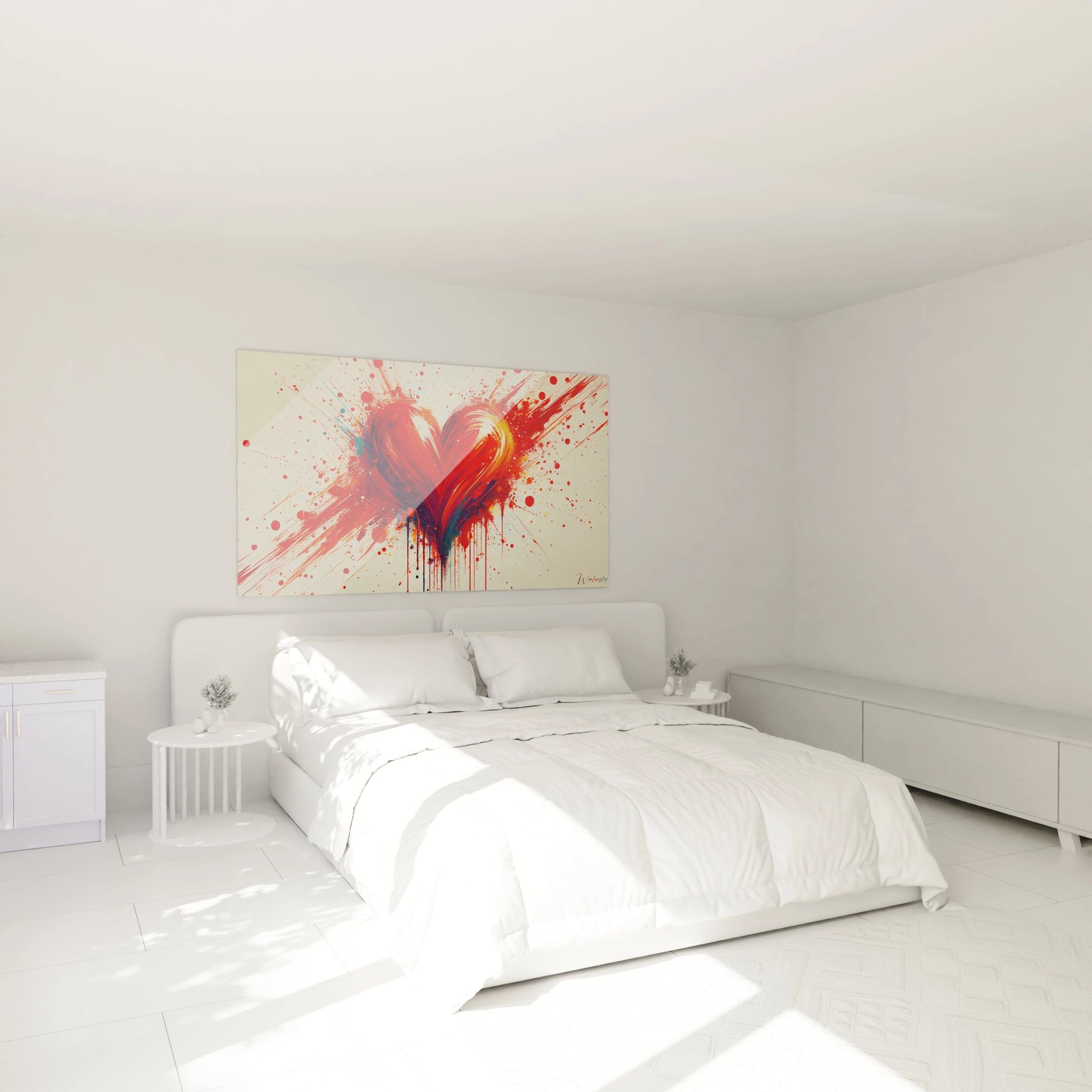 Accroché au-dessus d’un lit, ce tableau coeur transforme une chambre en un sanctuaire d’émotions. Ses teintes vibrantes et son style expressif évoquent la passion et la sérénité.