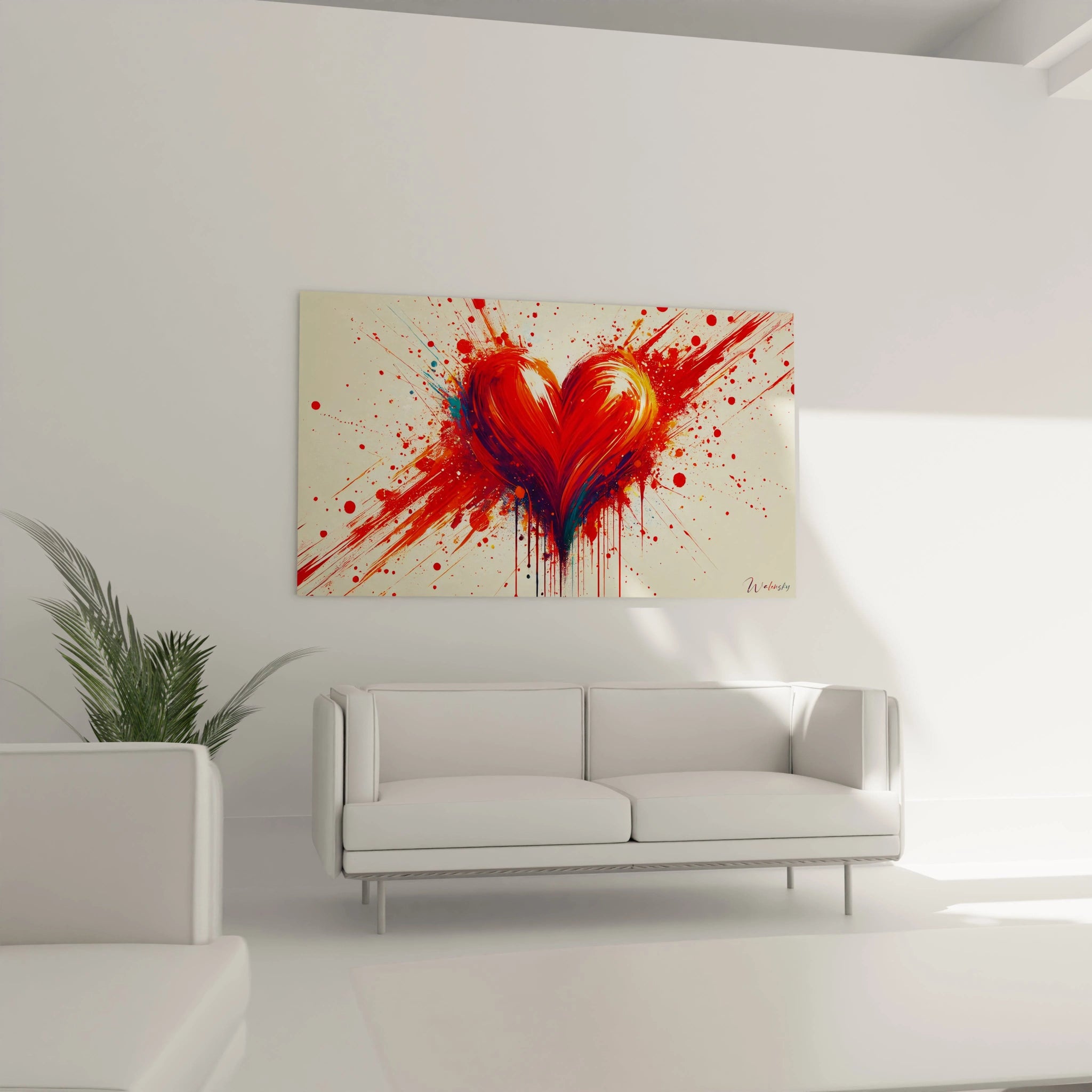 Dans un salon, ce tableau coeur attire les regards avec ses éclats rouges et oranges contrastant avec le bleu. Un ajout parfait pour un espace chaleureux et accueillant.