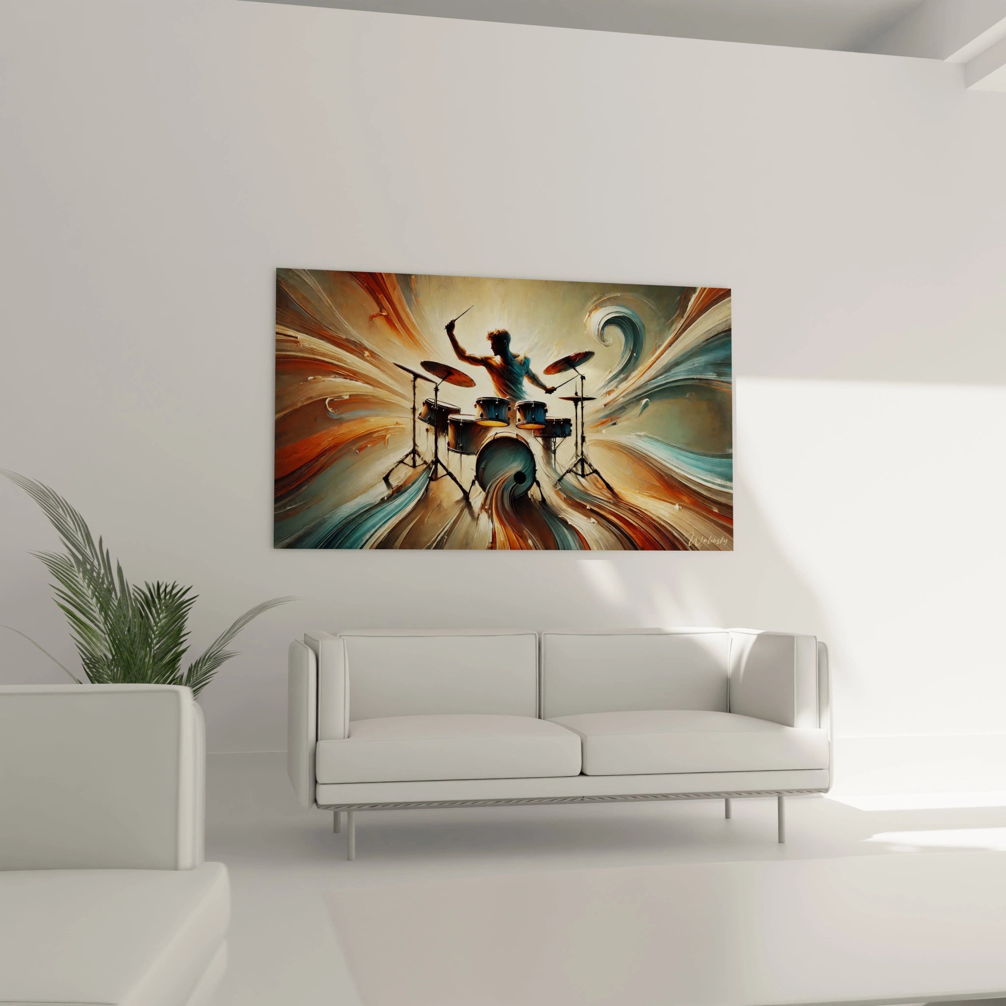 Tableau musique abstrait accroché dans un salon contemporain, au-dessus d’un canapé, dynamisant la décoration intérieure.