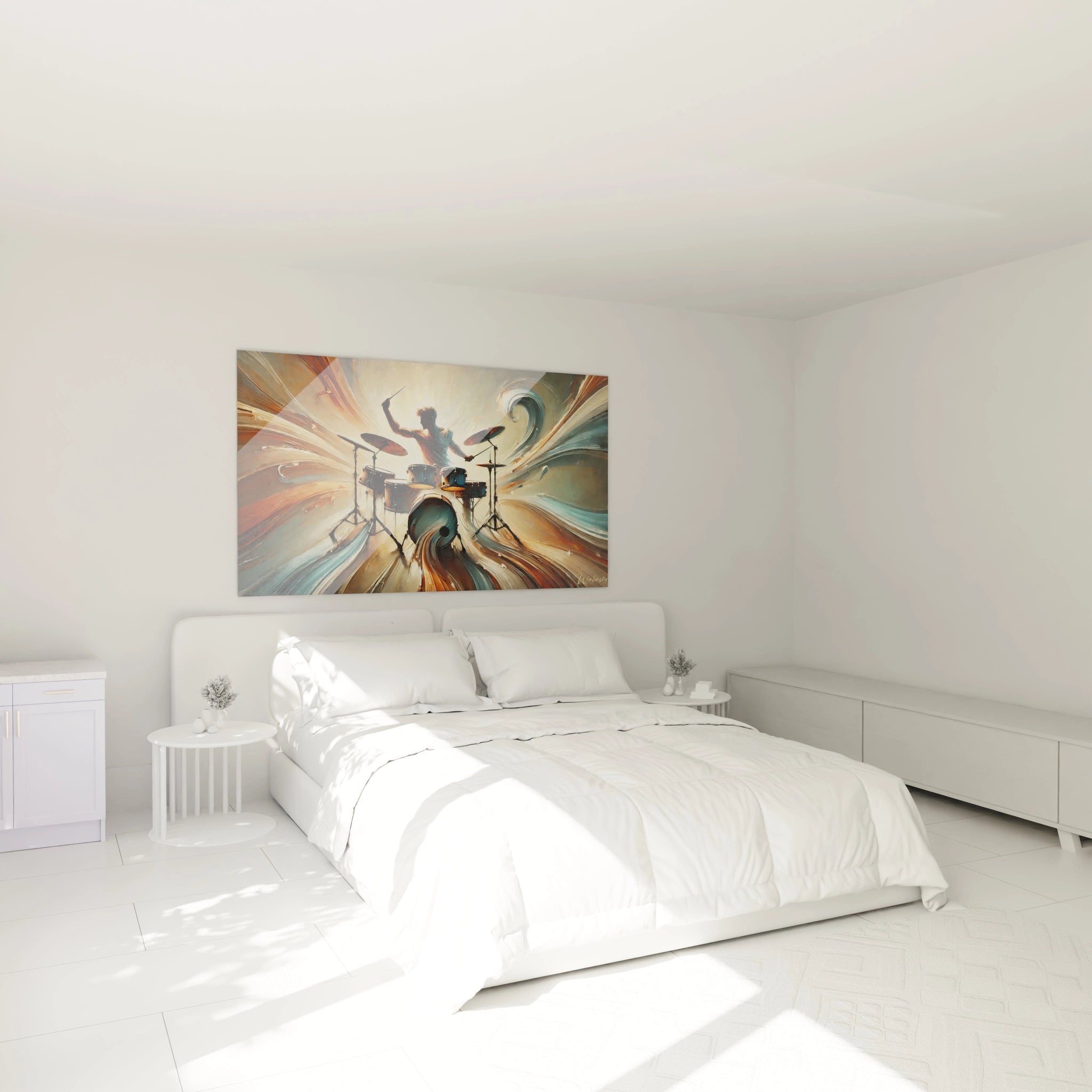 Tableau musique abstrait accroché dans une chambre, au-dessus d’un lit, apportant énergie et sérénité à l’espace.