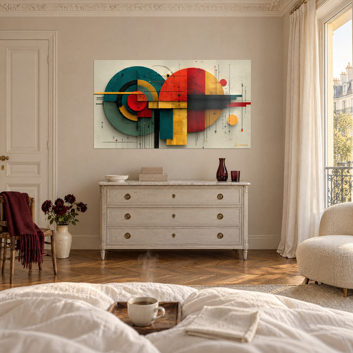 Πίνακας στο στιλ Bauhaus με κόκκινους δίσκους και μουσταρδί κίτρινο, μαύρο ορθογώνιο σε πλήρη επιφάνεια, κρεμασμένος πάνω από κρεβάτι σε φωτεινή κρεβατοκάμαρα