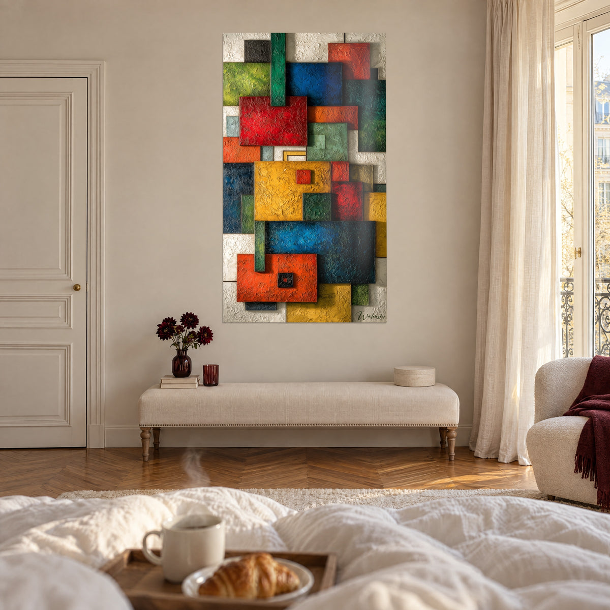 Πίνακας patchwork από κόκκινα και πράσινα σχήματα με πηκτή πάστα σπάτουλας, απέναντι από κρεβάτι και δίσκο, πάνω από κρεβάτι σε φωτεινή κρεβατοκάμαρα