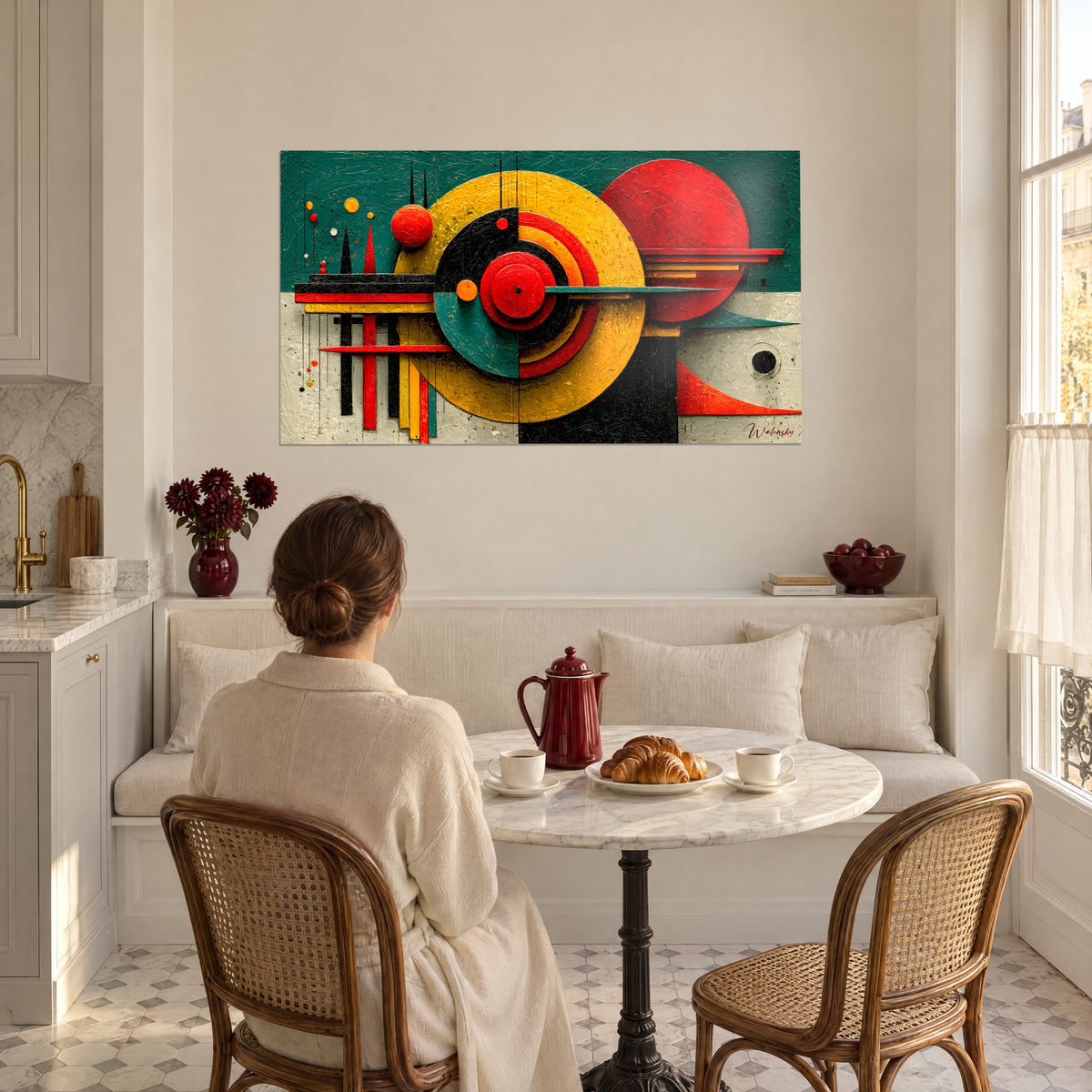 Obraz abstrakcyjna mandala w stylu Bauhaus, czarny półokrąg i czerwona kula na zieleni morskiej, para tyłem przy ławie, okrągły stół