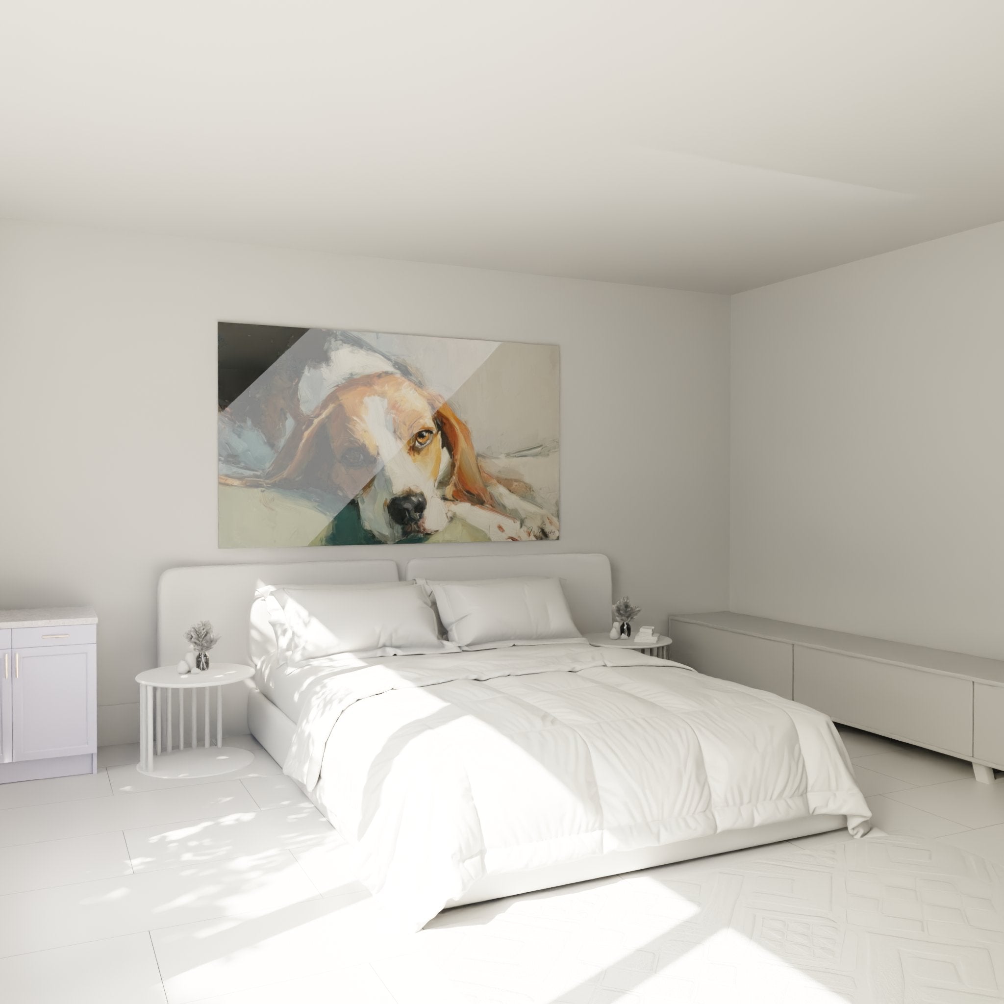 Beagle-Schlafzimmer-Wandbild schlafender Hund Ocker-Töne beruhigende Atmosphäre
