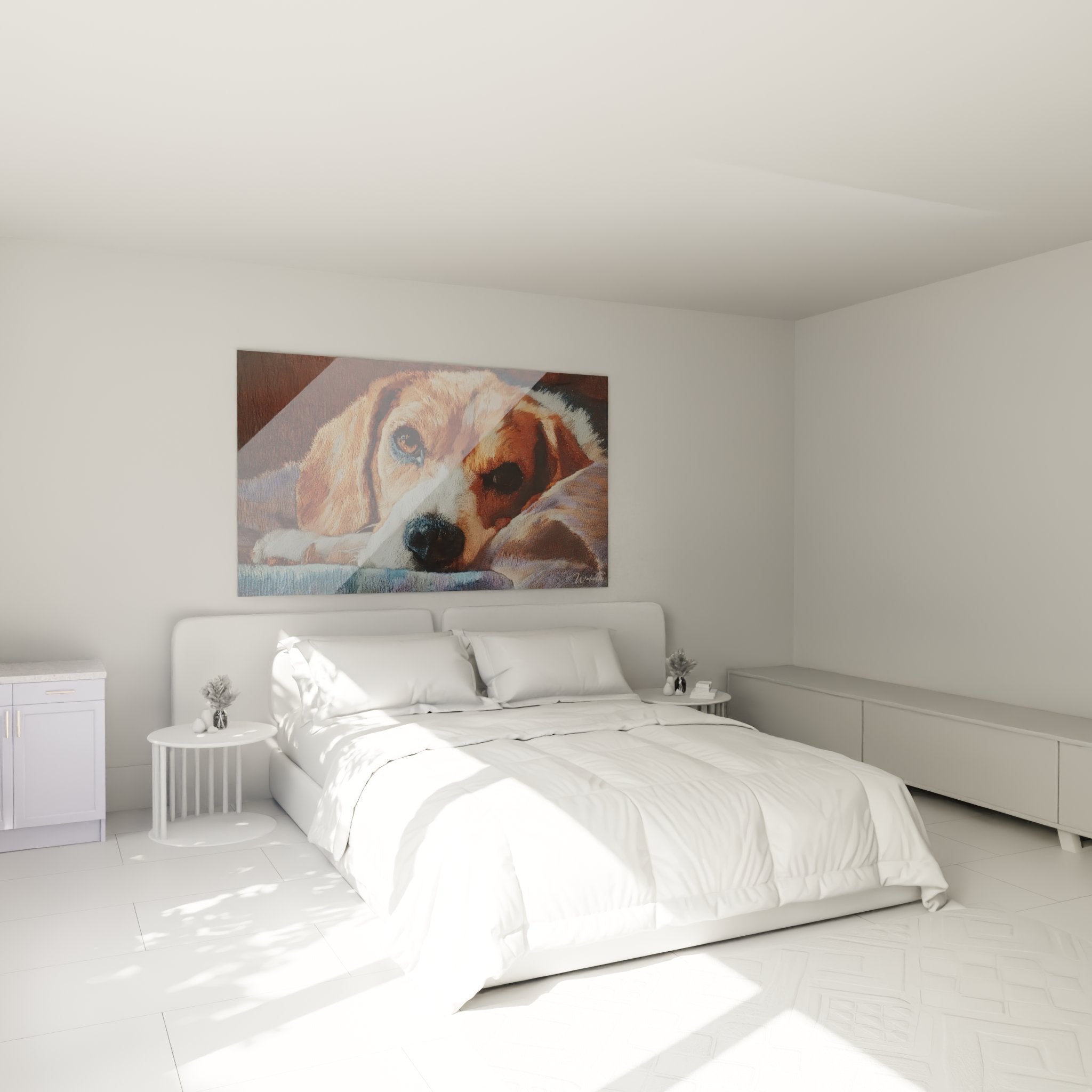 Tableau beagle dans chambre moderne, decoration murale chien, ambiance cocooning tons chauds