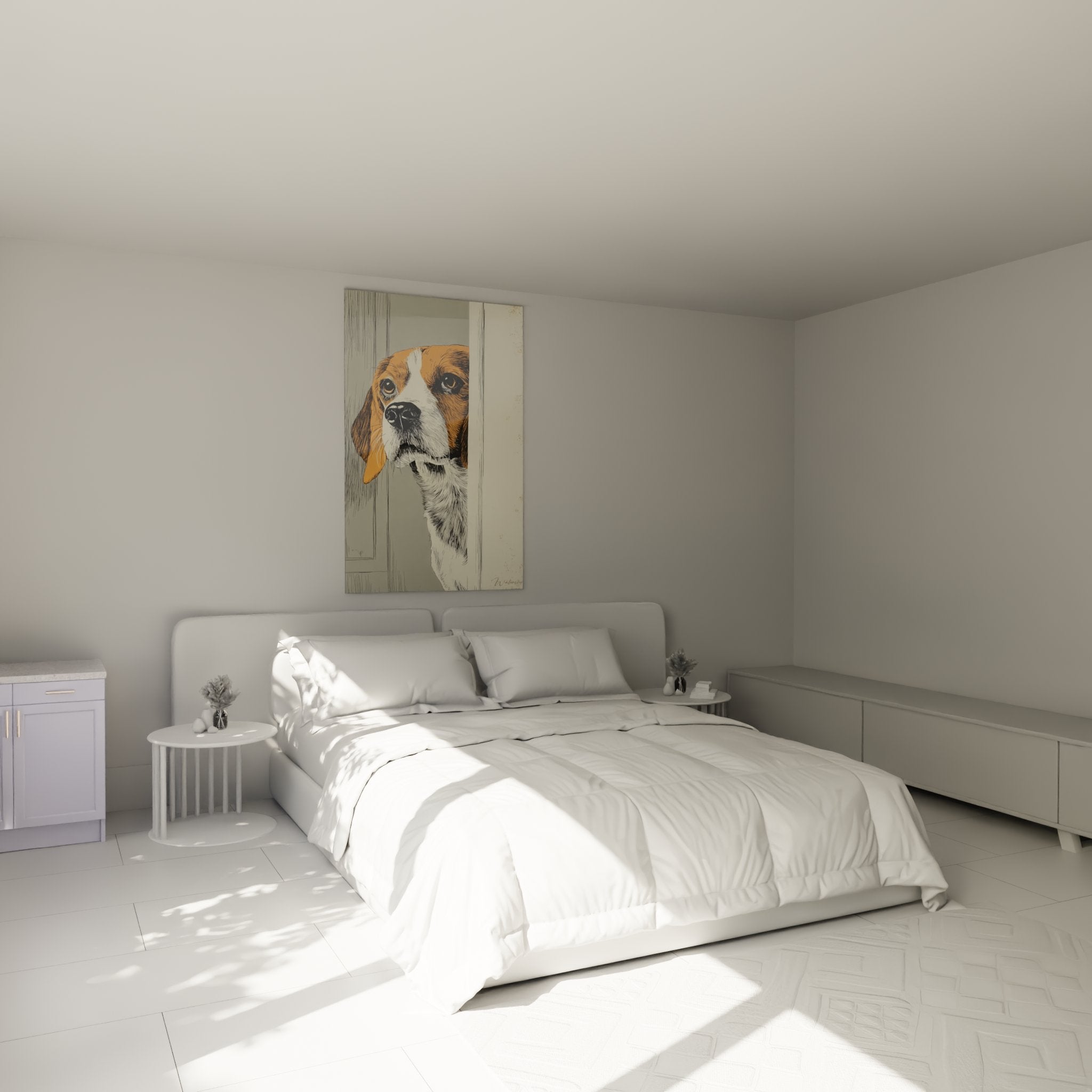 Tableau beagle derrière porte affiché dans chambre moderne, décoration murale chien tendre