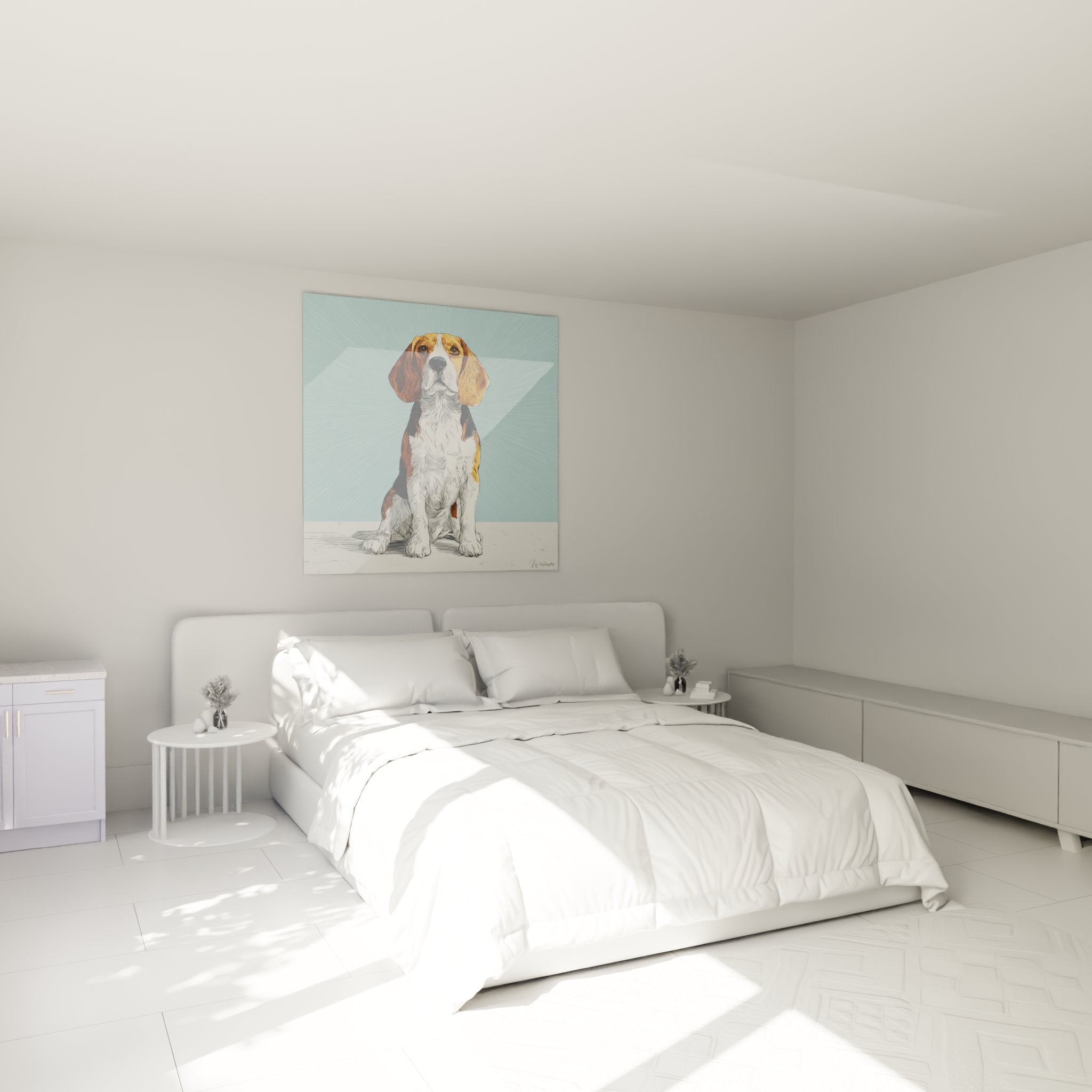 Beagle Gemälde dreifarbig Schlafzimmer Wanddekoration Hund türkisfarbener Hintergrund beruhigende Atmosphäre