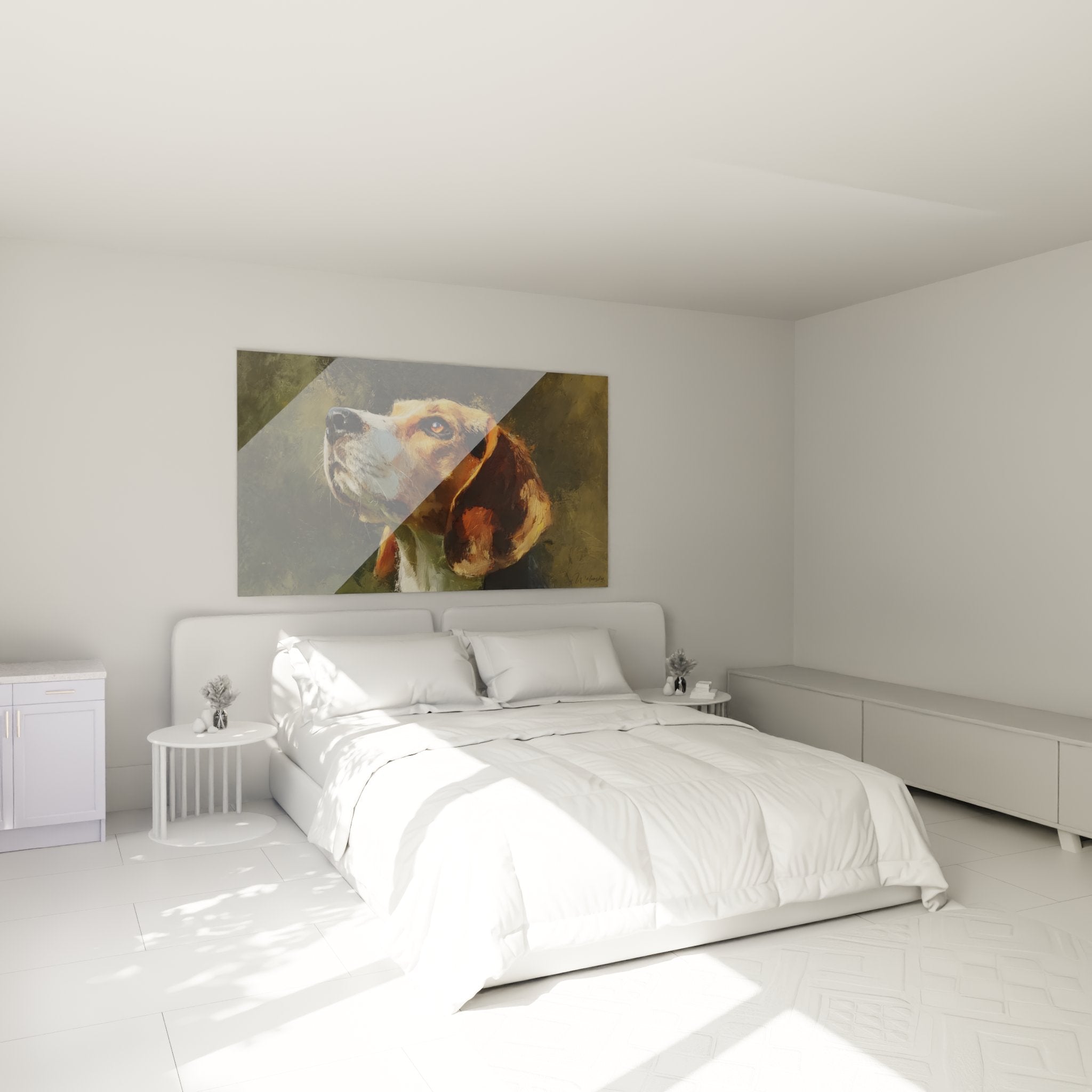 Tableau beagle dans chambre moderne, decoration murale chaleureuse, portrait canin expressif ambiance cosy