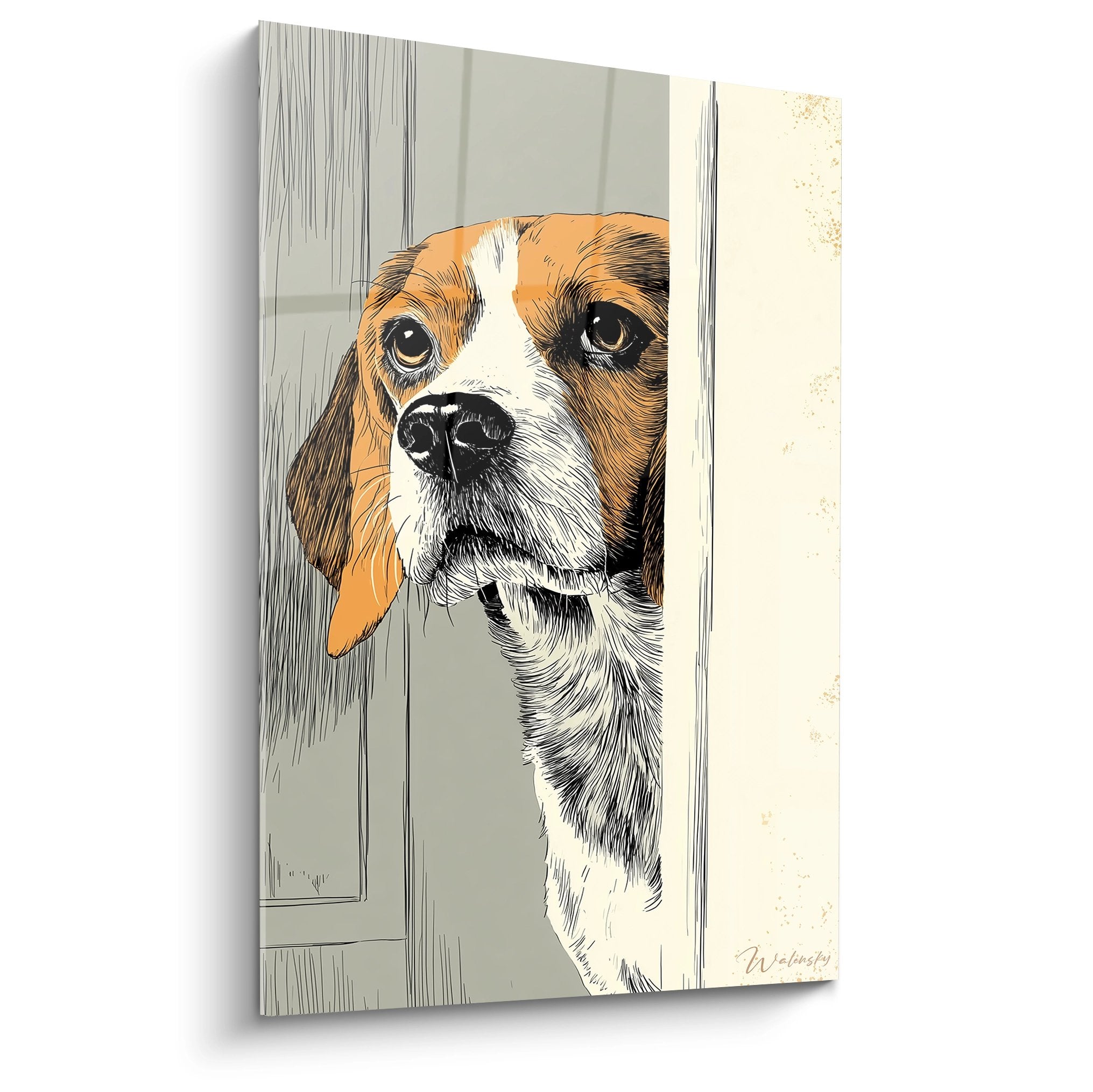 Tableau beagle curieux passant sa tête par une porte entrouverte, pelage roux et blanc, regard expressif