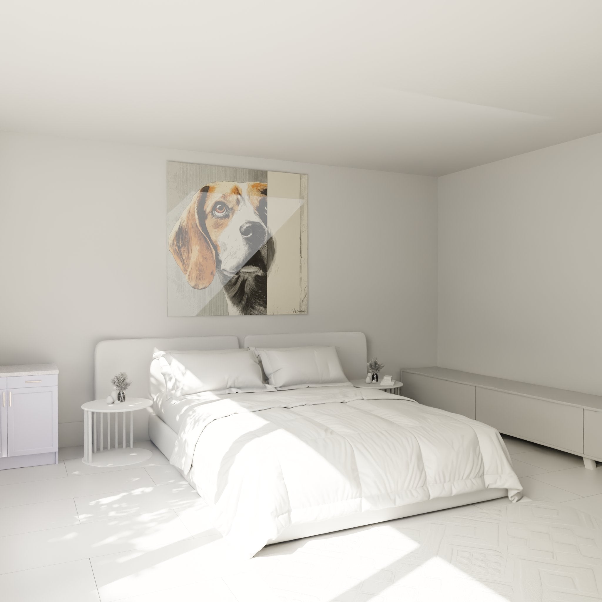 Beagle-Porträt-Gemälde ausdrucksstark Schlafzimmer Wand weiß warme Atmosphäre zeitgenössische Tierkunst