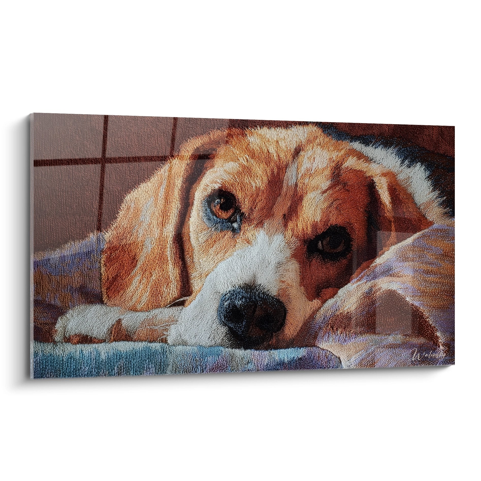 Tableau beagle endormi aux tons roux et blancs, tete posee sur coussin bleu, portrait canin attendrissant