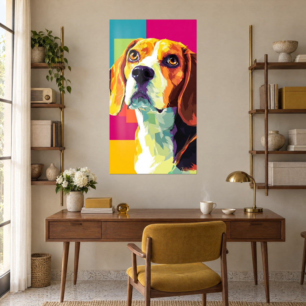 Πίνακας γραφική μουσούδα beagle σε μαύρο και μωβ, χαλκόχρωμα αυτιά σε κίτρινο και φούξια φόντο, ξύλινο γραφείο και ράφια
