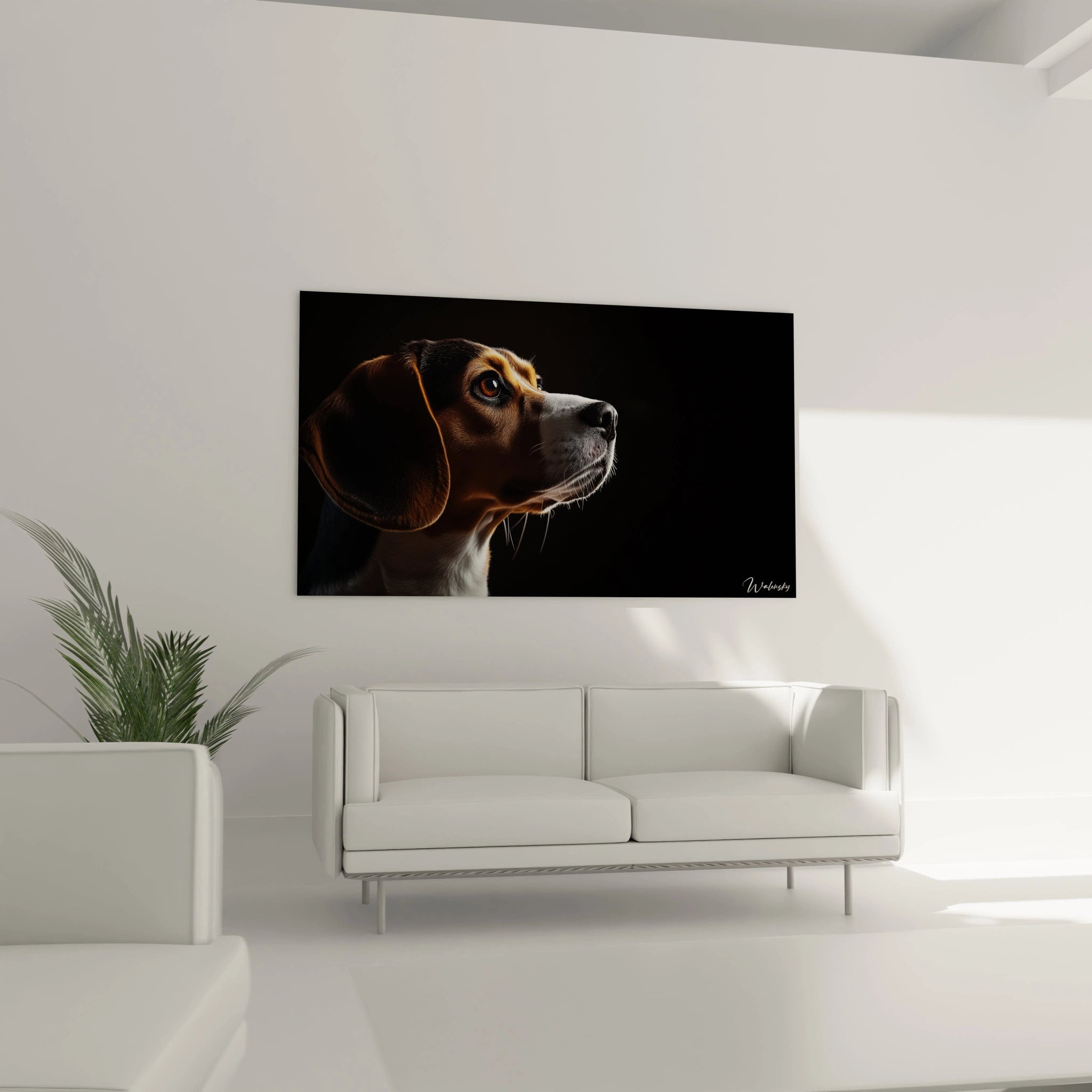 Un tableau Beagle hyperréaliste présentant un portrait latéral de chien sur fond noir, avec des reflets dorés sur le pelage tricolore et un œil ambré brillant, rendant les textures et les détails anatomiques avec précision.