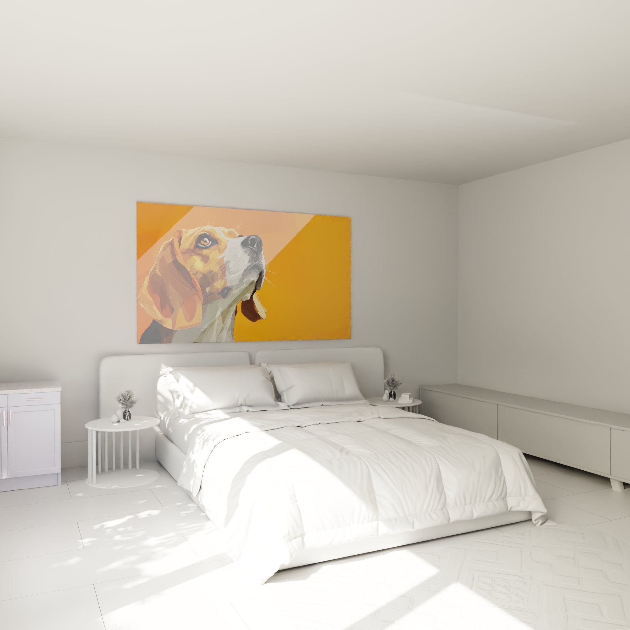 Tableau beagle orange dans chambre moderne decoration murale art canin contemporain