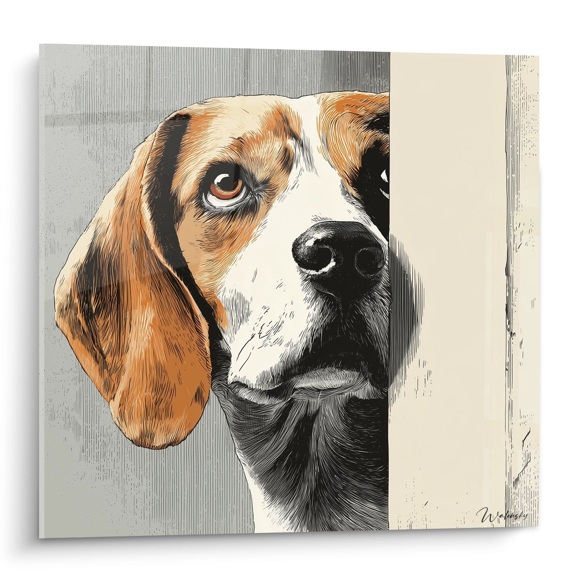 Künstlerisches Porträt dreifarbiger Beagle mit ausdrucksvollem Blick bernsteinfarbene Augen grafische Technik Schraffuren Wanddekoration