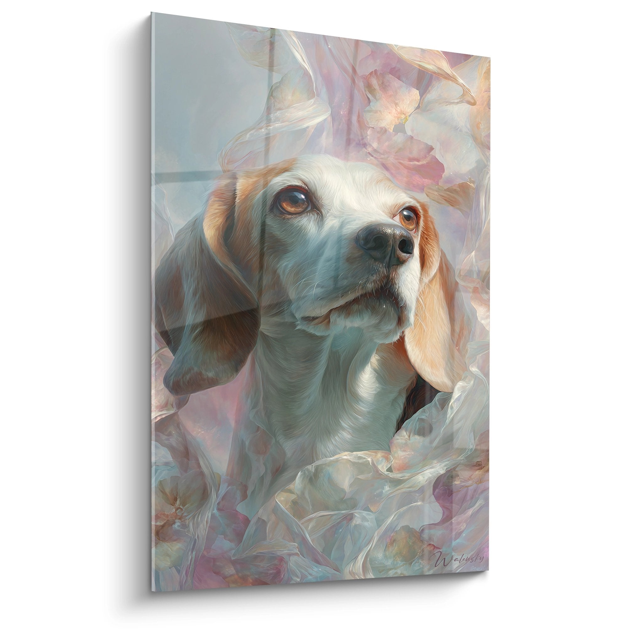 Beagle-Porträt künstlerisches Gemälde Pastelltöne farbige Schleiern ausdrucksstarker Blick Wanddekoration
