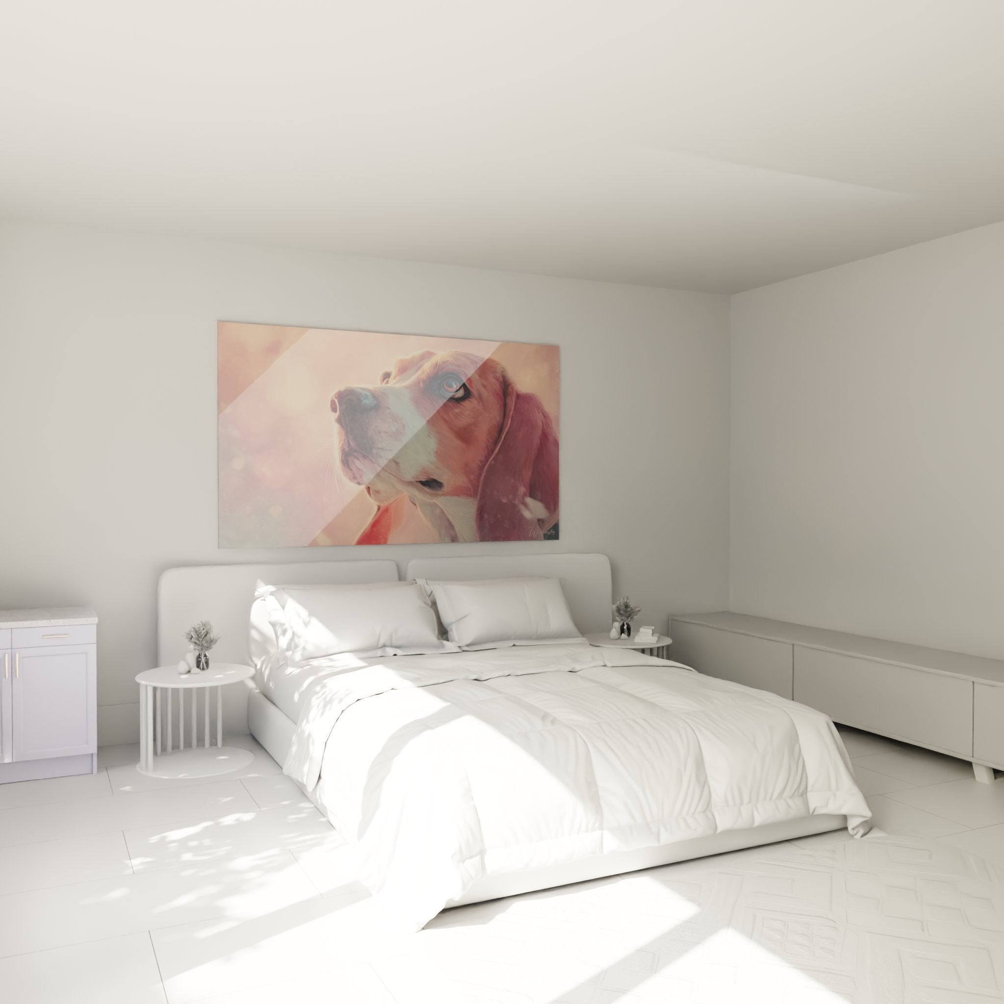 Beagle-Gemälde in Rosa im gemütlichen Schlafzimmer mit sanfter und beruhigender Dekoration