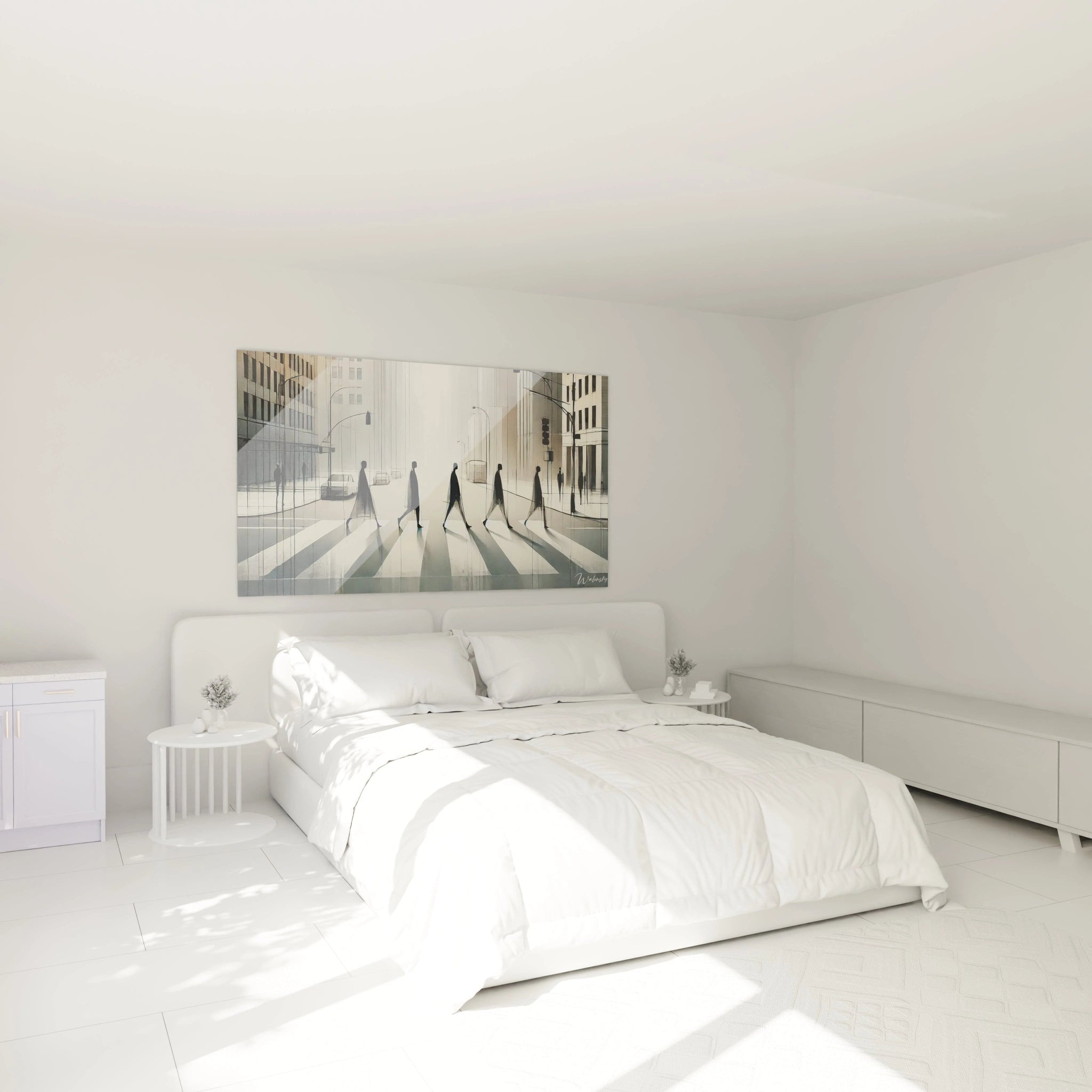 tableau Beatles Abbey Road dans une chambre au-dessus du lit invite à la sérénité et la réflexion. Ses tons noir, blanc et beige créent une ambiance élégante, idéale pour un espace apaisant.