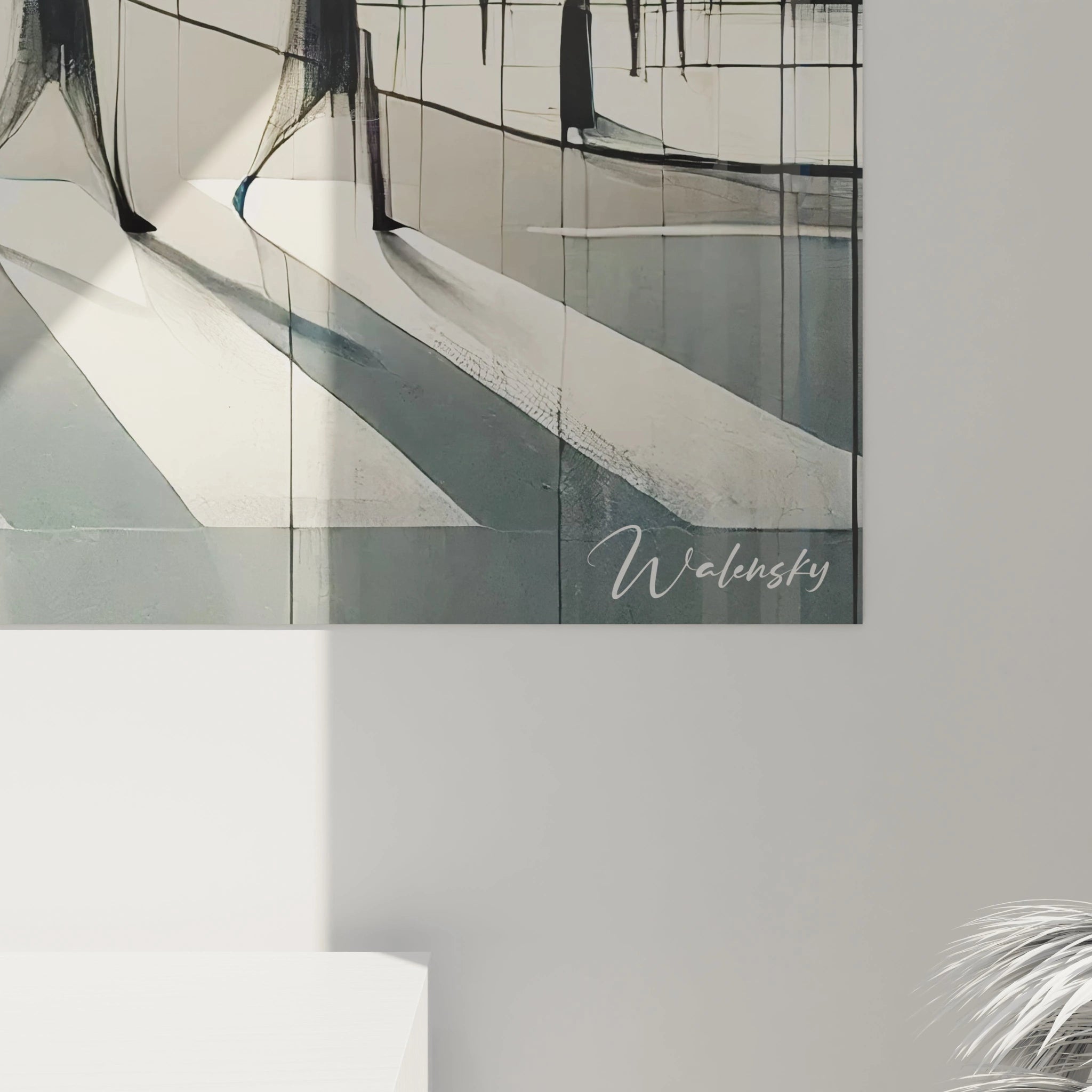 Vue rapprochée tableau Beatles Abbey Road révèle des ombres fluides et des silhouettes abstraites. Les teintes neutres et la texture douce capturent l’élégance et l’héritage intemporel des Beatles.