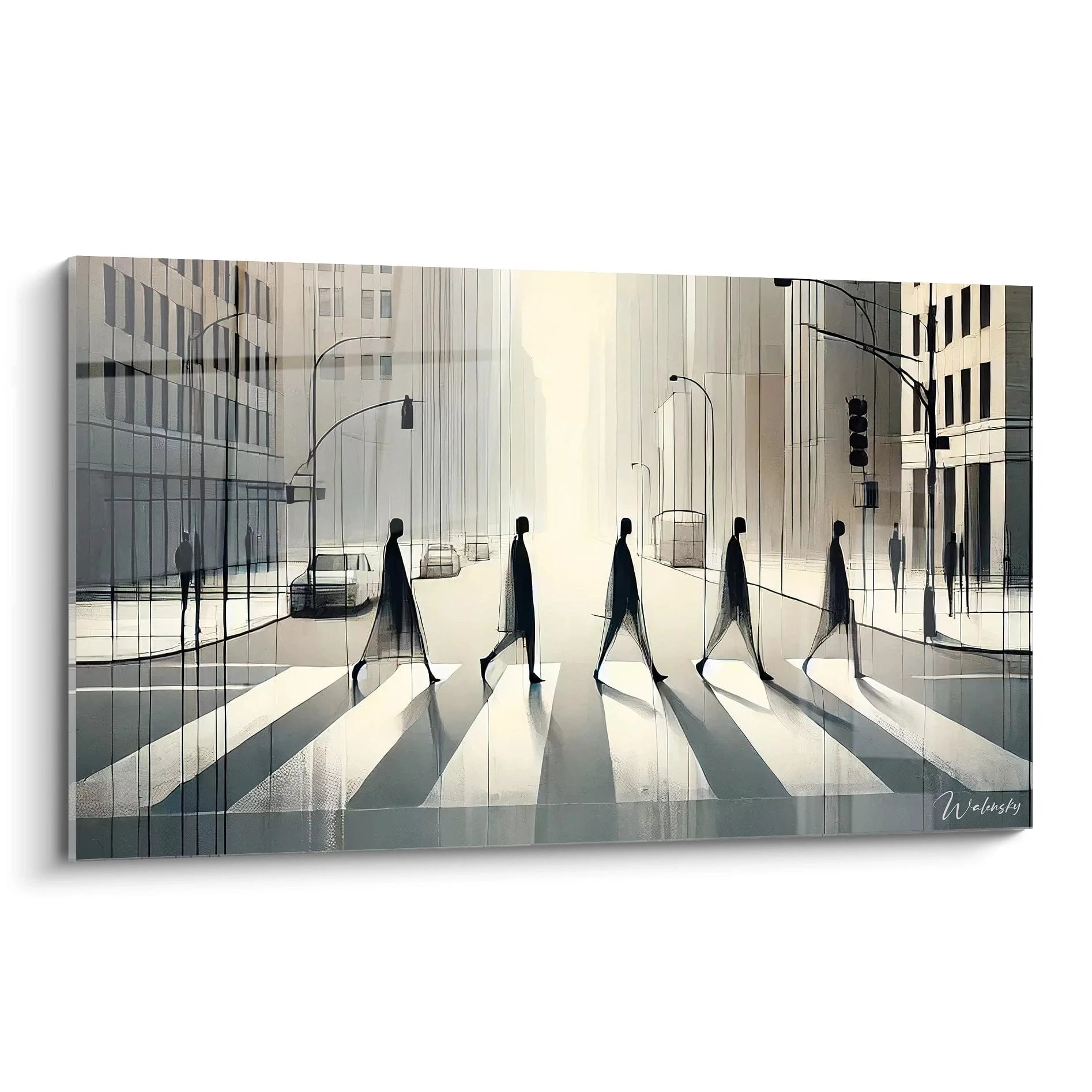 tableau Beatles Abbey Road vu de biais met en scène les silhouettes légendaires des Beatles dans un style minimaliste, mêlant ombres subtiles et teintes neutres pour une profondeur intemporelle.