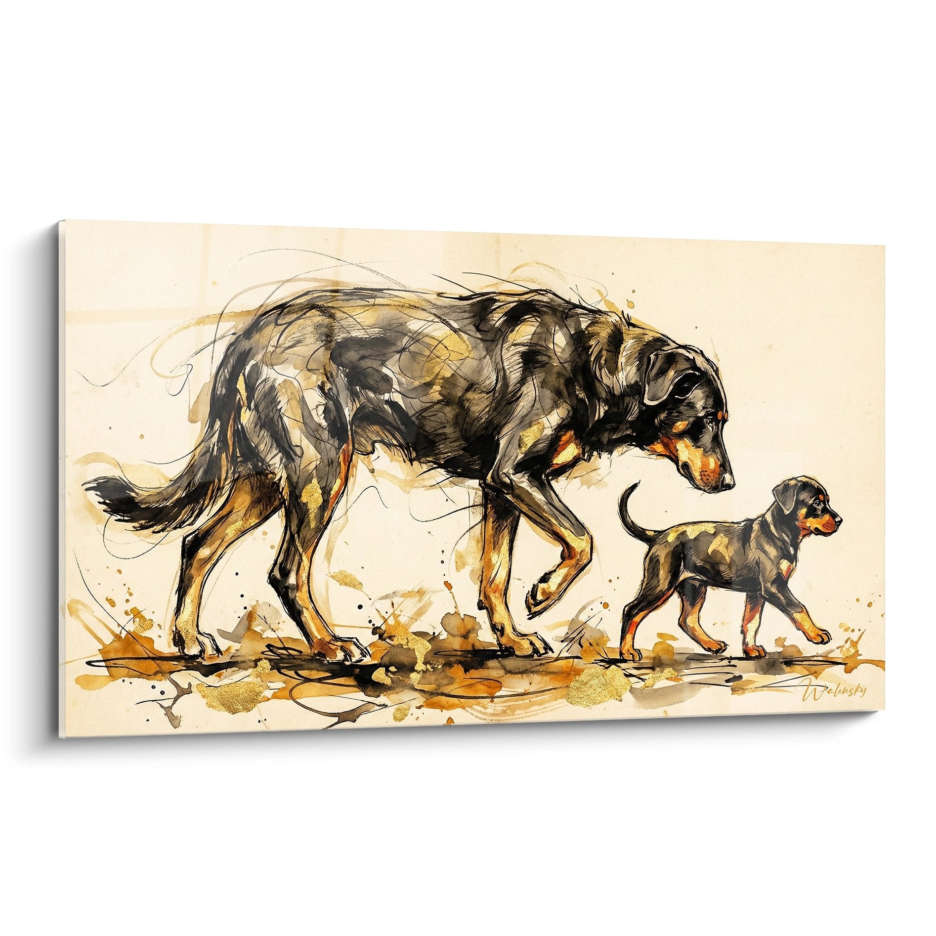 Kunstwerk Beauceron Erwachsener und Welpe beim Laufen, braune und goldene Töne, moderner expressiver Stil