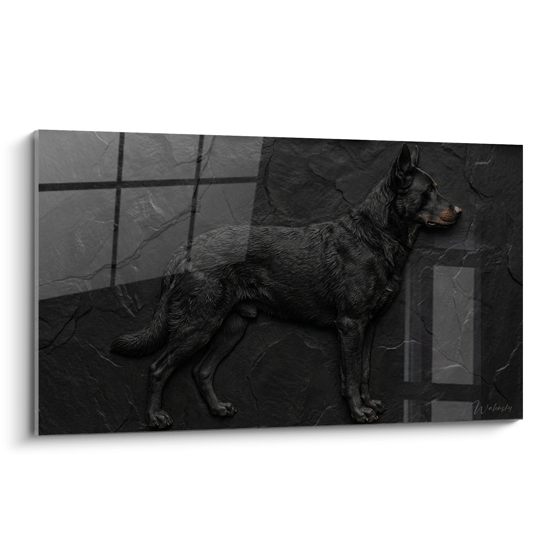 beauce-hund schwarzes profil rissiger fliesen hundekunst kontemplativ monochrom grau