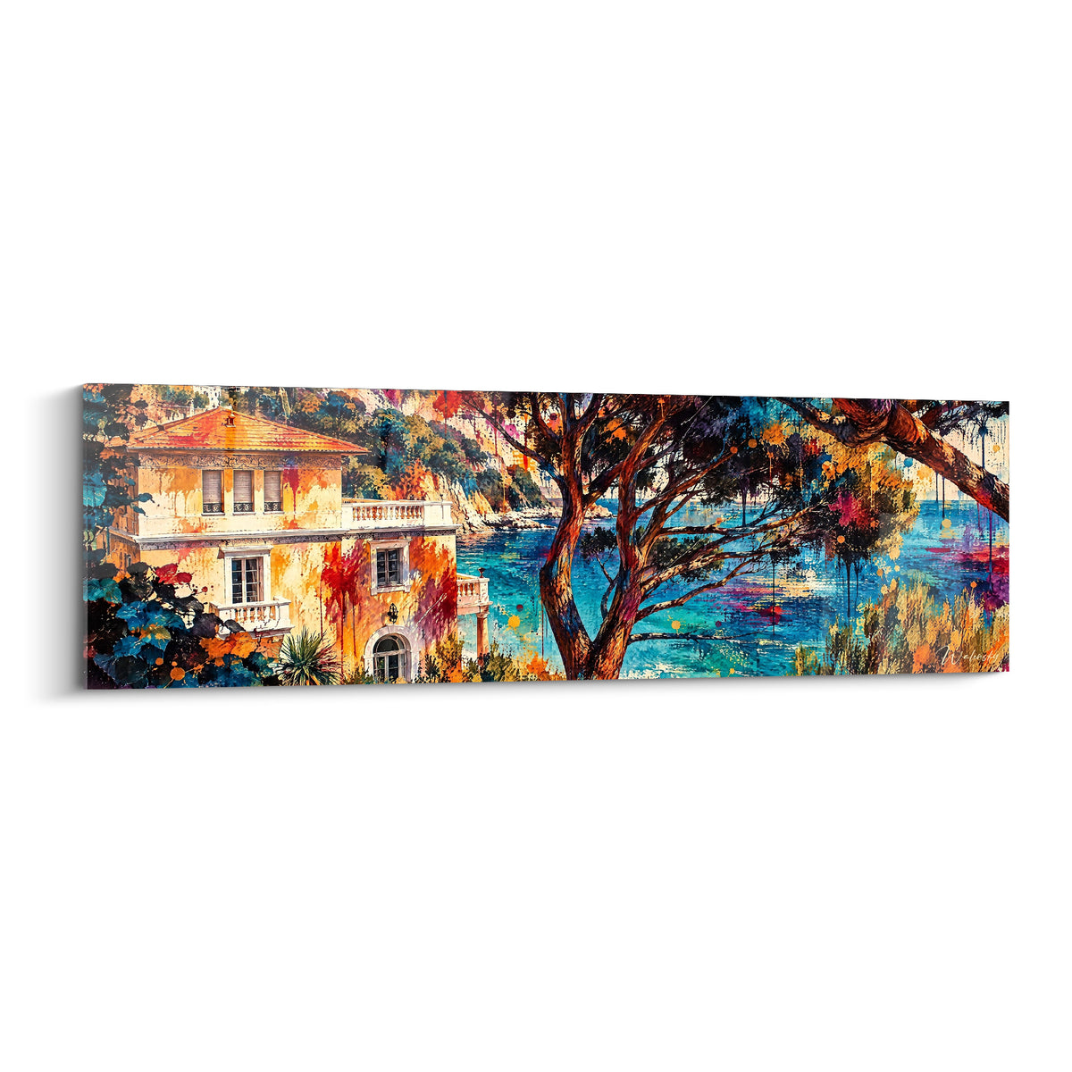 Villa ocre et pin maritime face à une baie turquoise, peinture aux éclaboussures colorées
