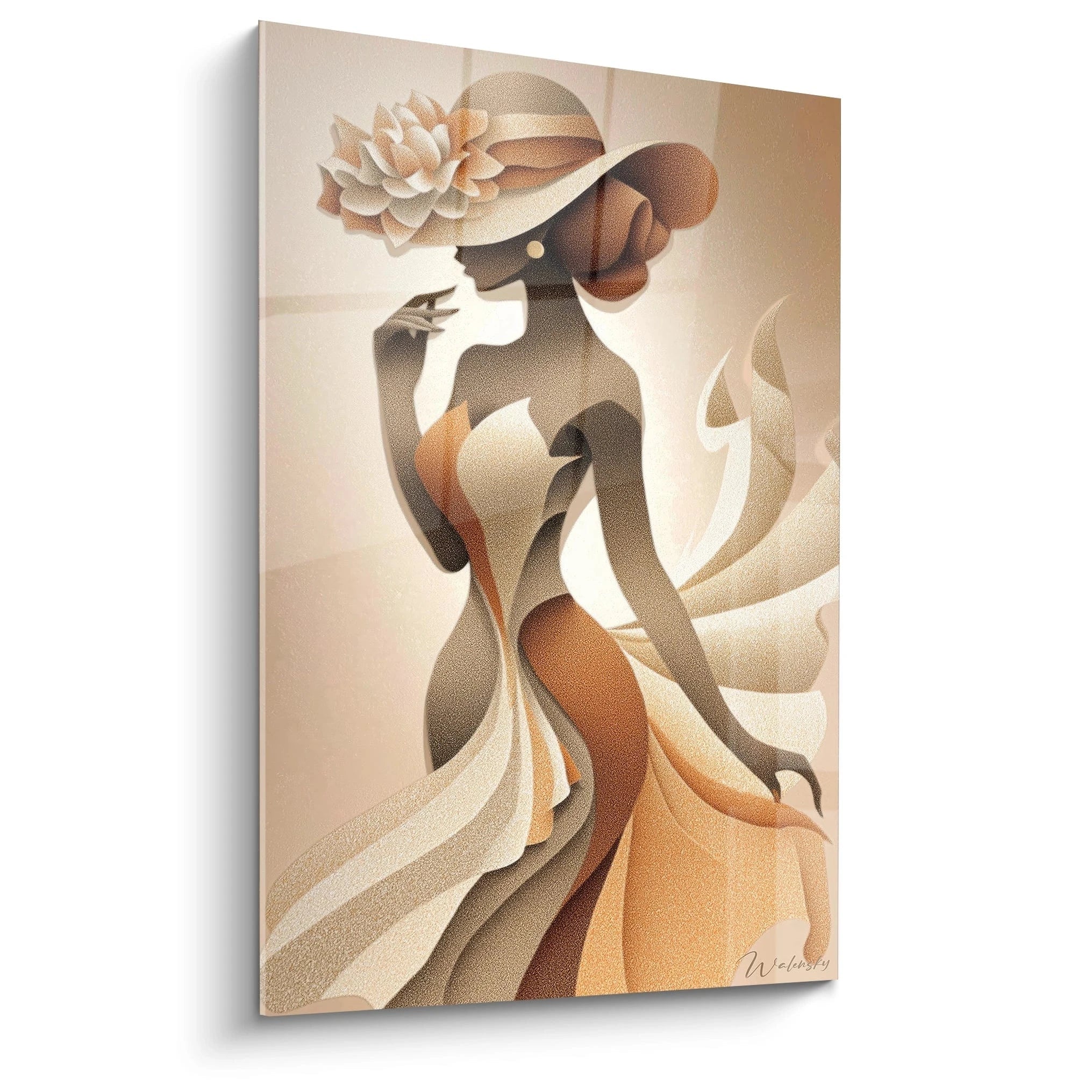 Tableau mural femme années 20 avec des teintes beige et marron, inspiré des styles art déco